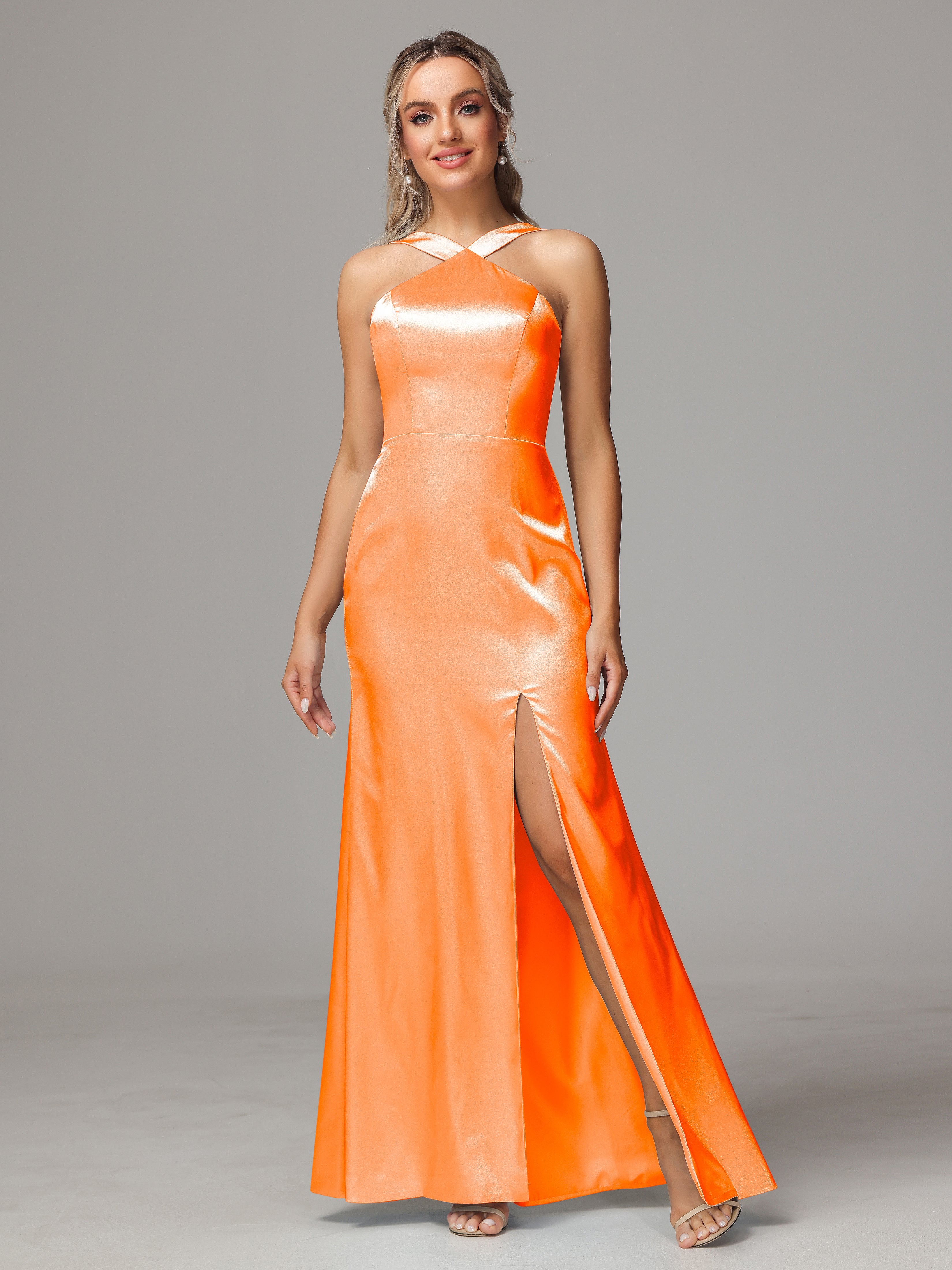 Halter Sleeveless Soft Satin Wedding Guest Dress