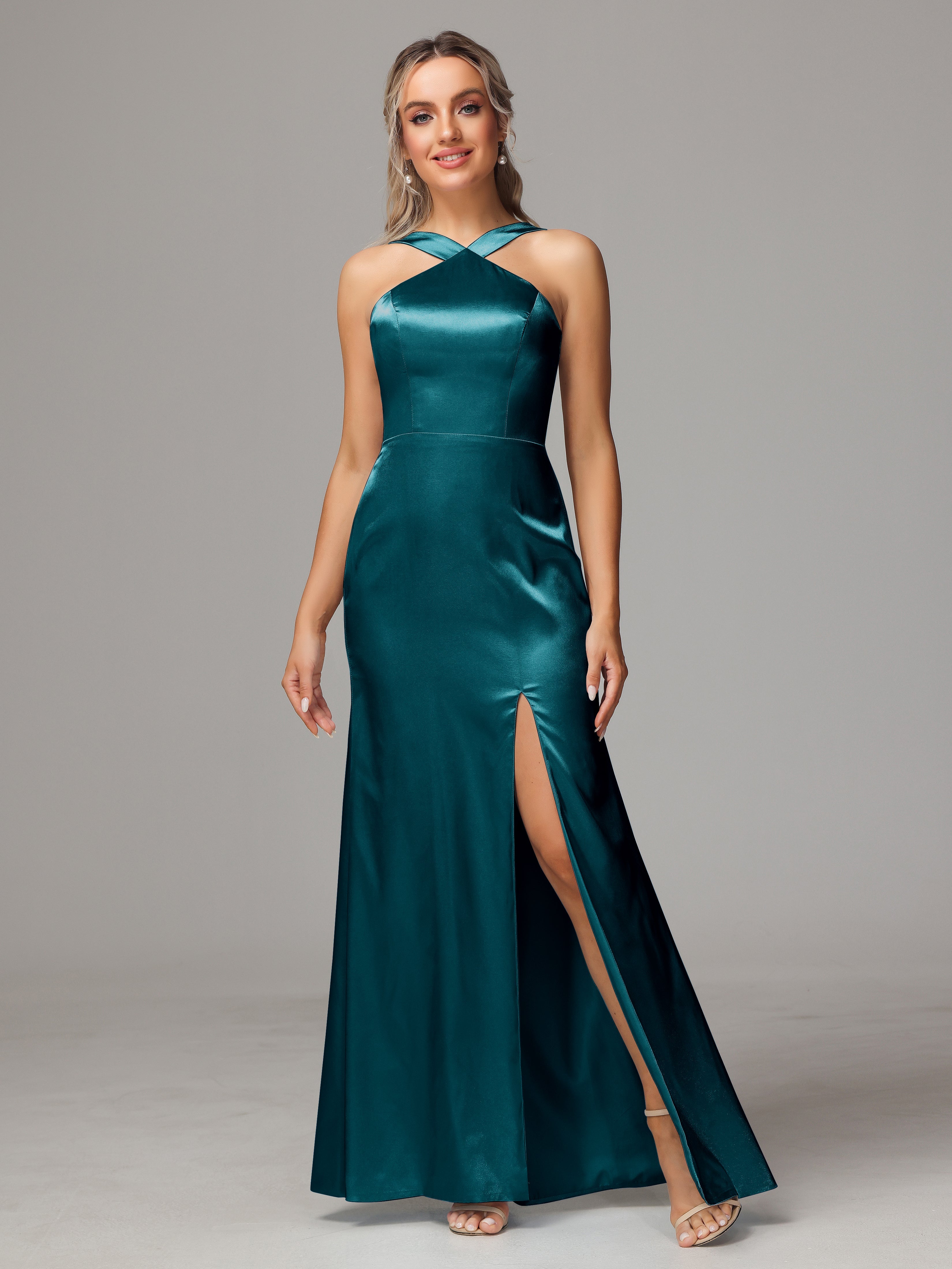 Halter Sleeveless Soft Satin Wedding Guest Dress