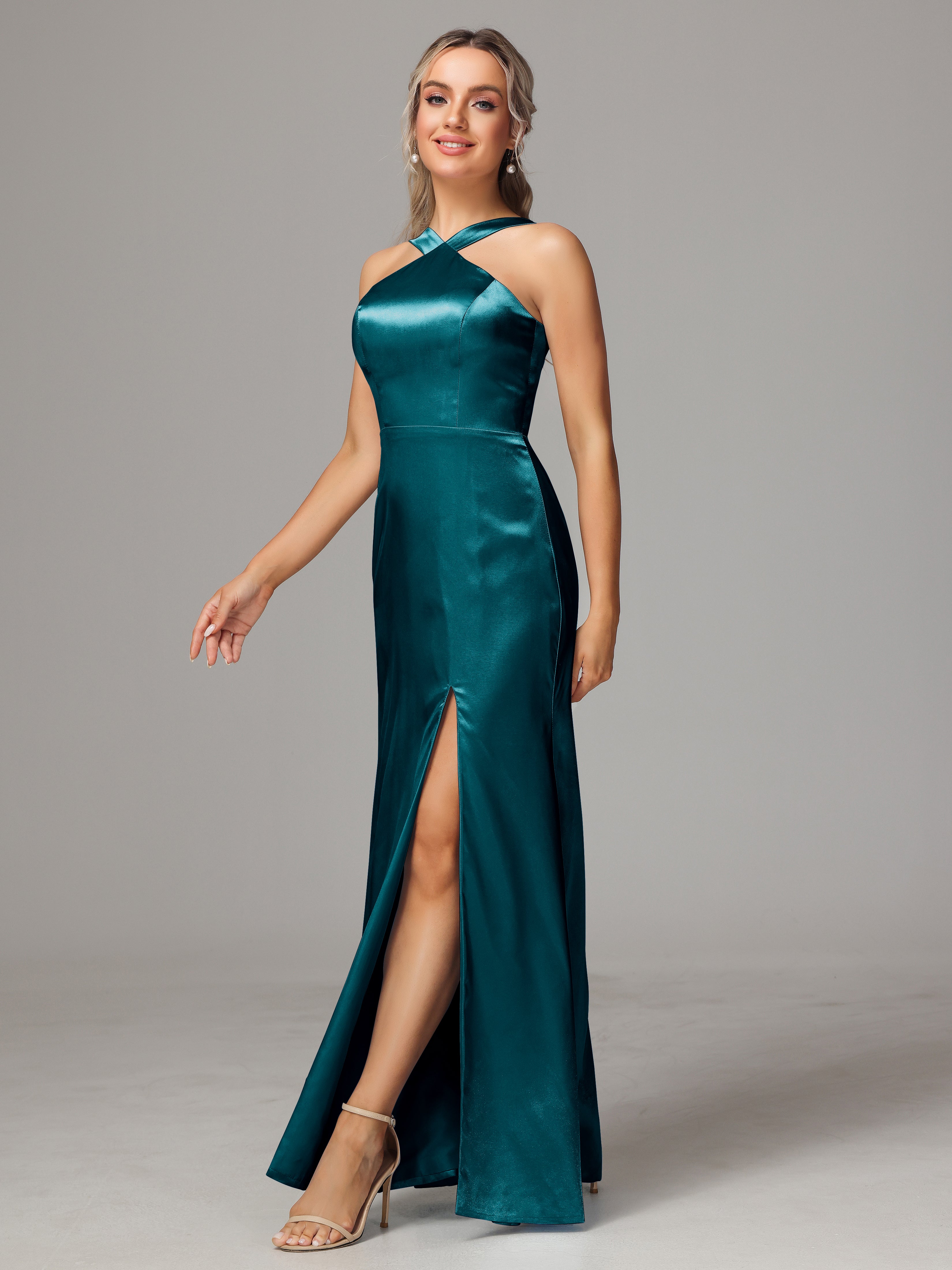 Halter Sleeveless Soft Satin Bridesmaid Dress