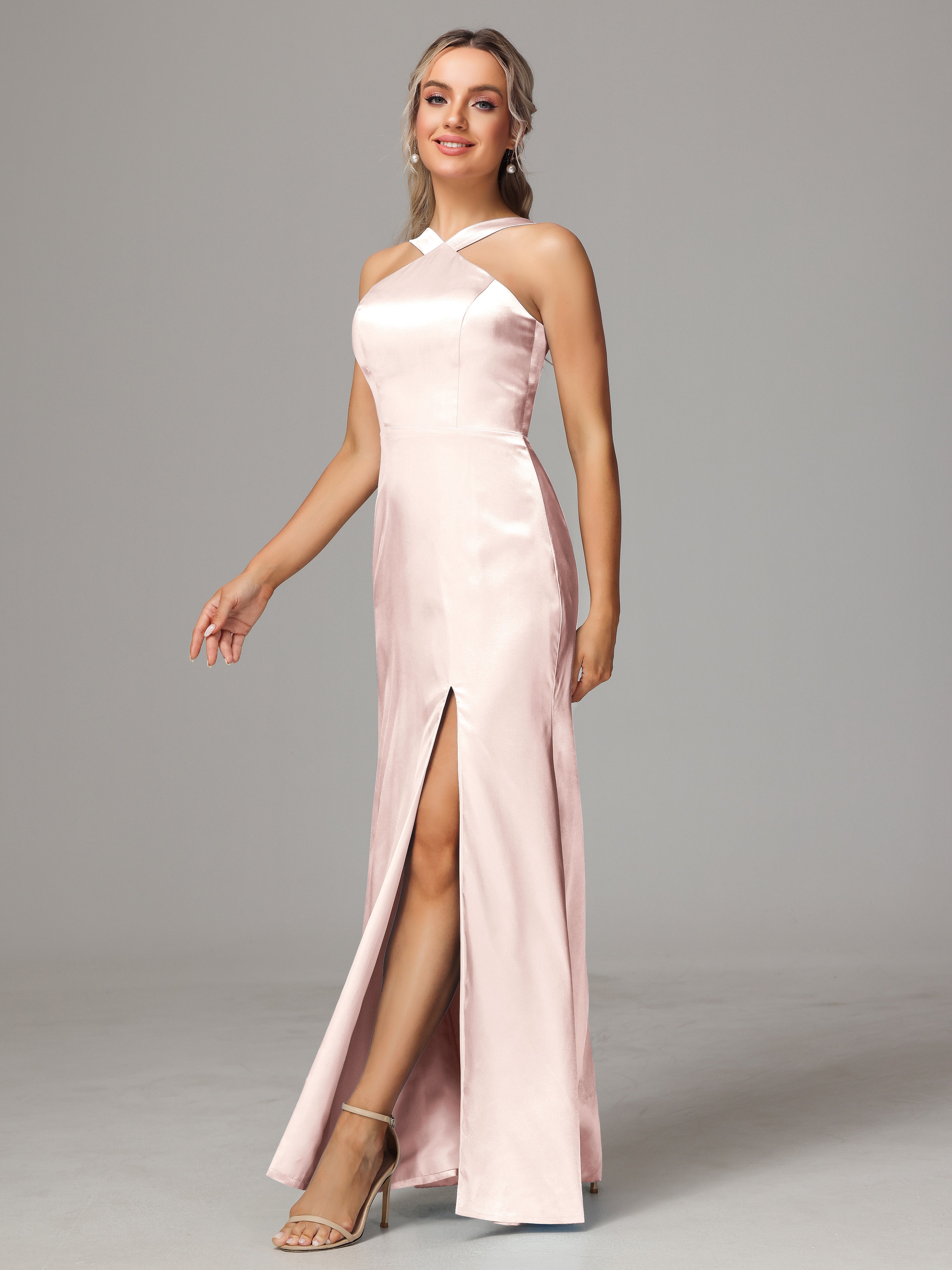 Halter Sleeveless Soft Satin Bridesmaid Dress