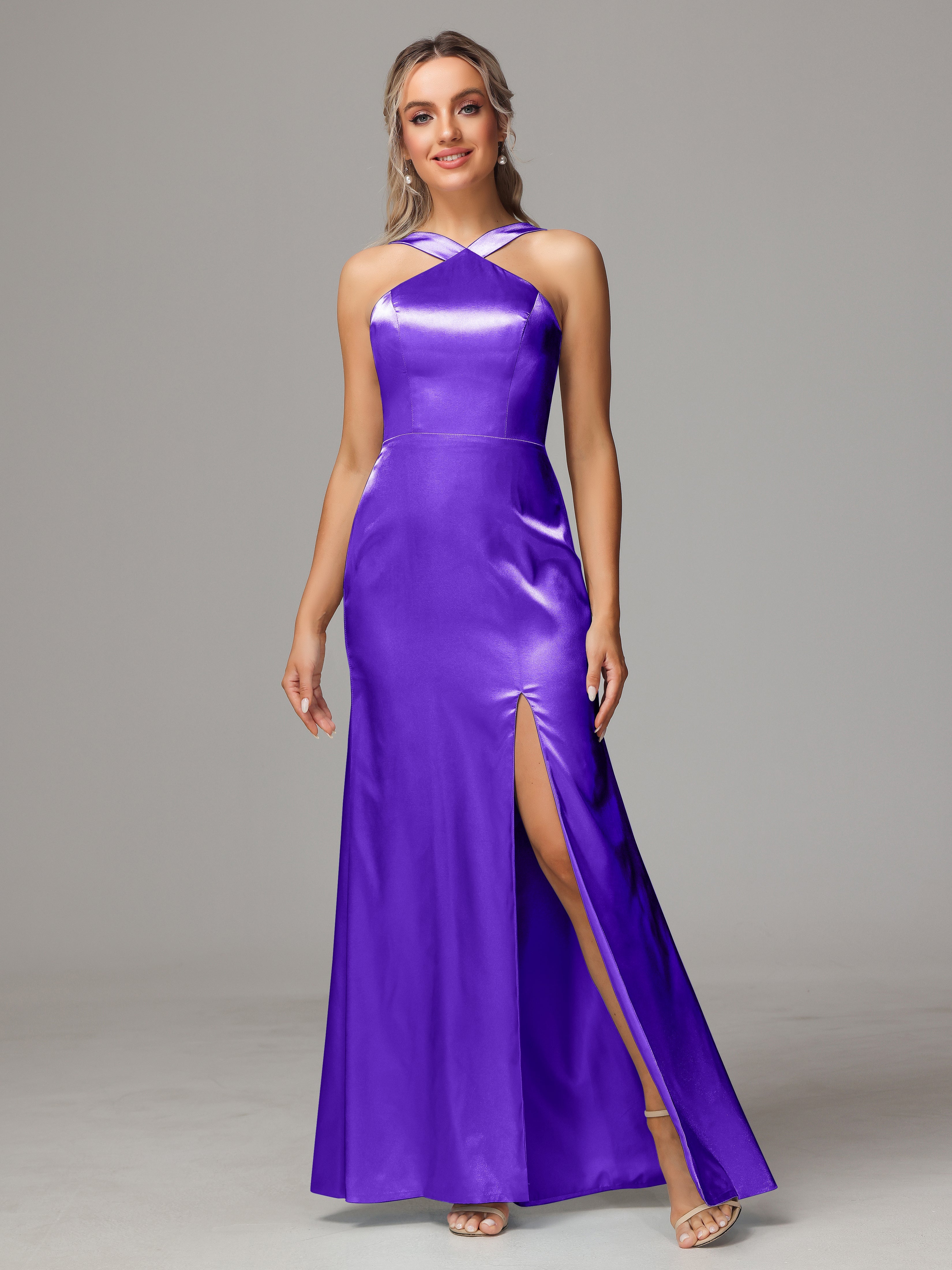 Halter Sleeveless Soft Satin Wedding Guest Dress