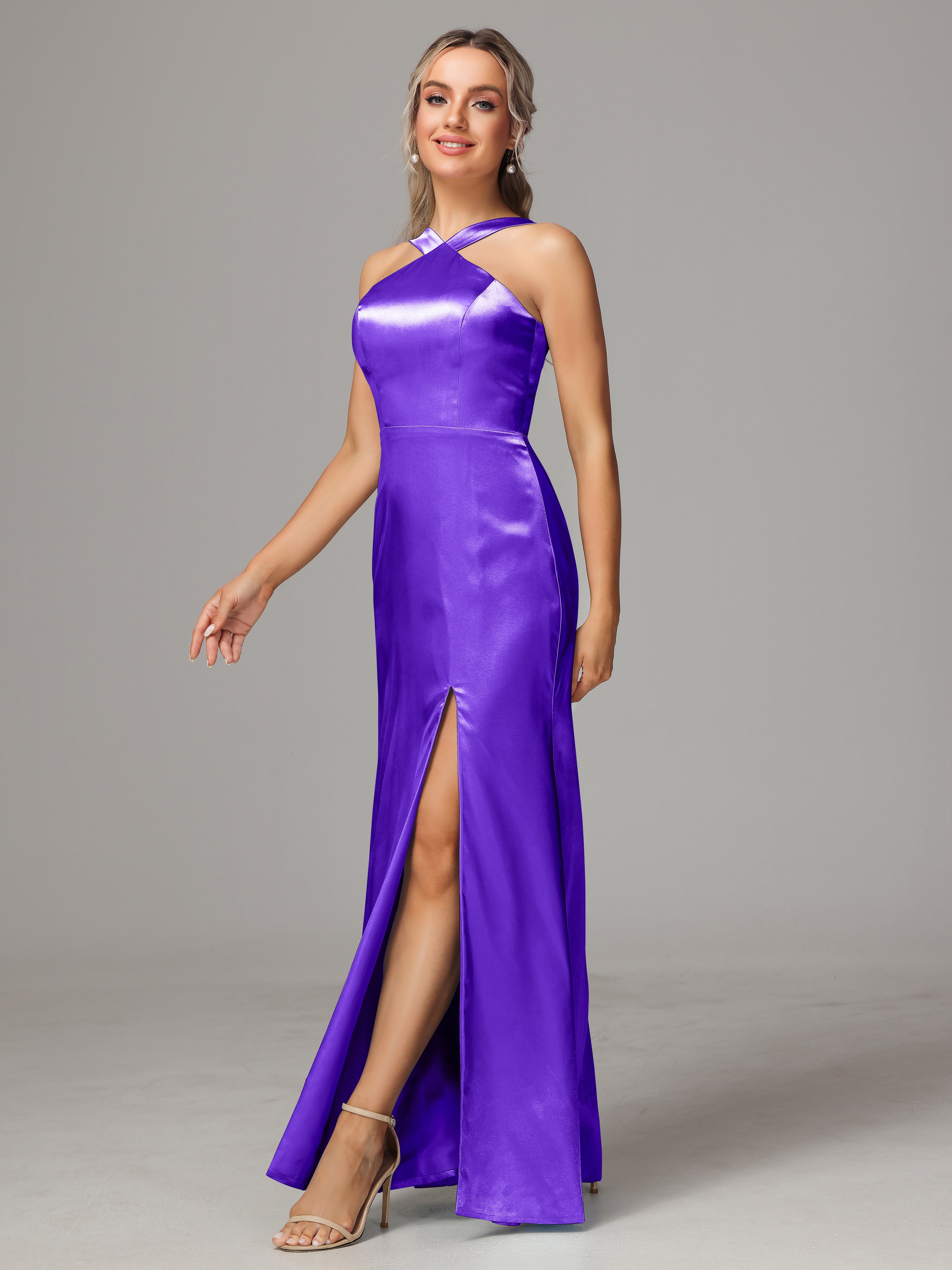 Halter Sleeveless Soft Satin Wedding Guest Dress