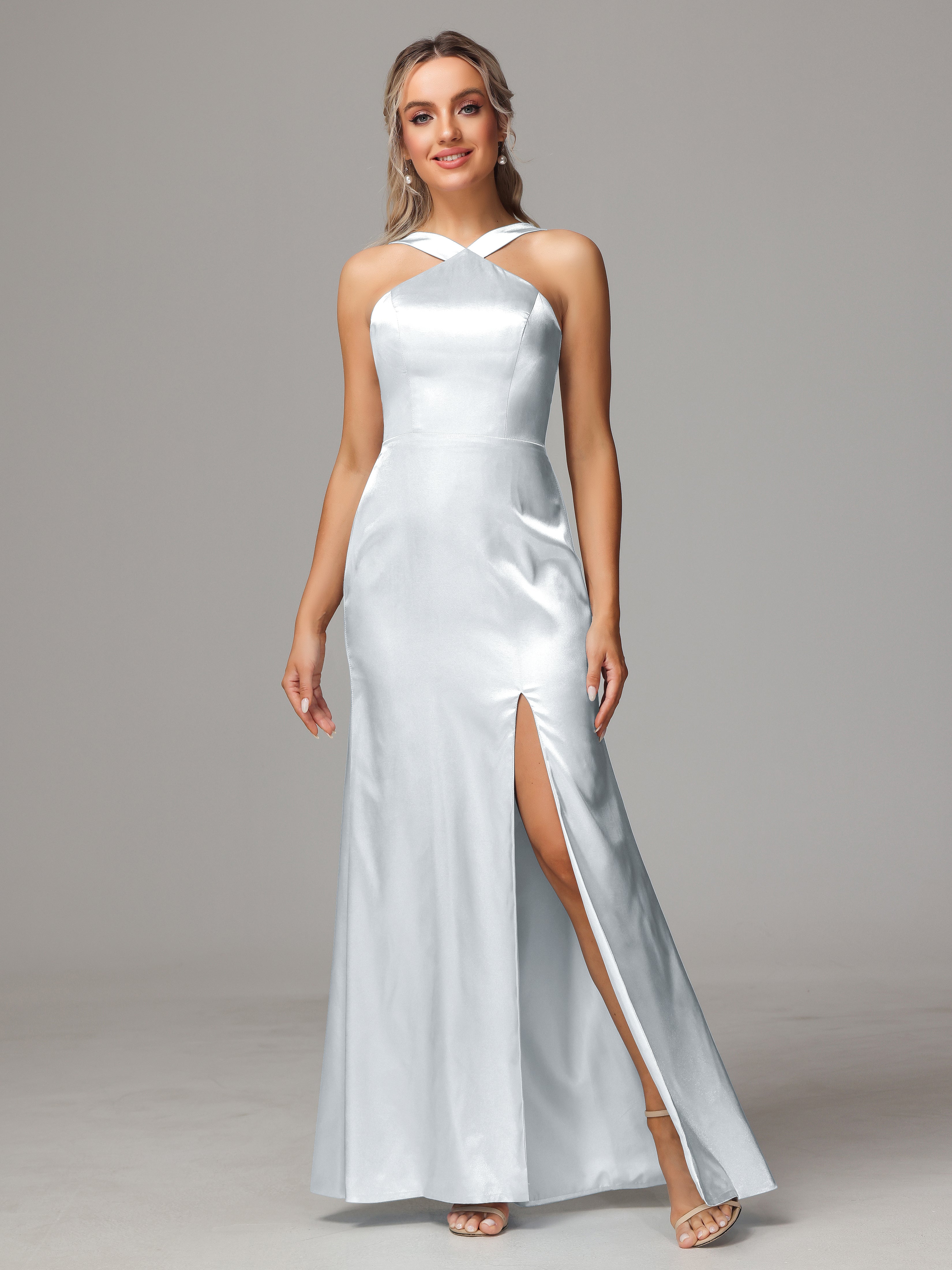 Halter Sleeveless Soft Satin Wedding Guest Dress