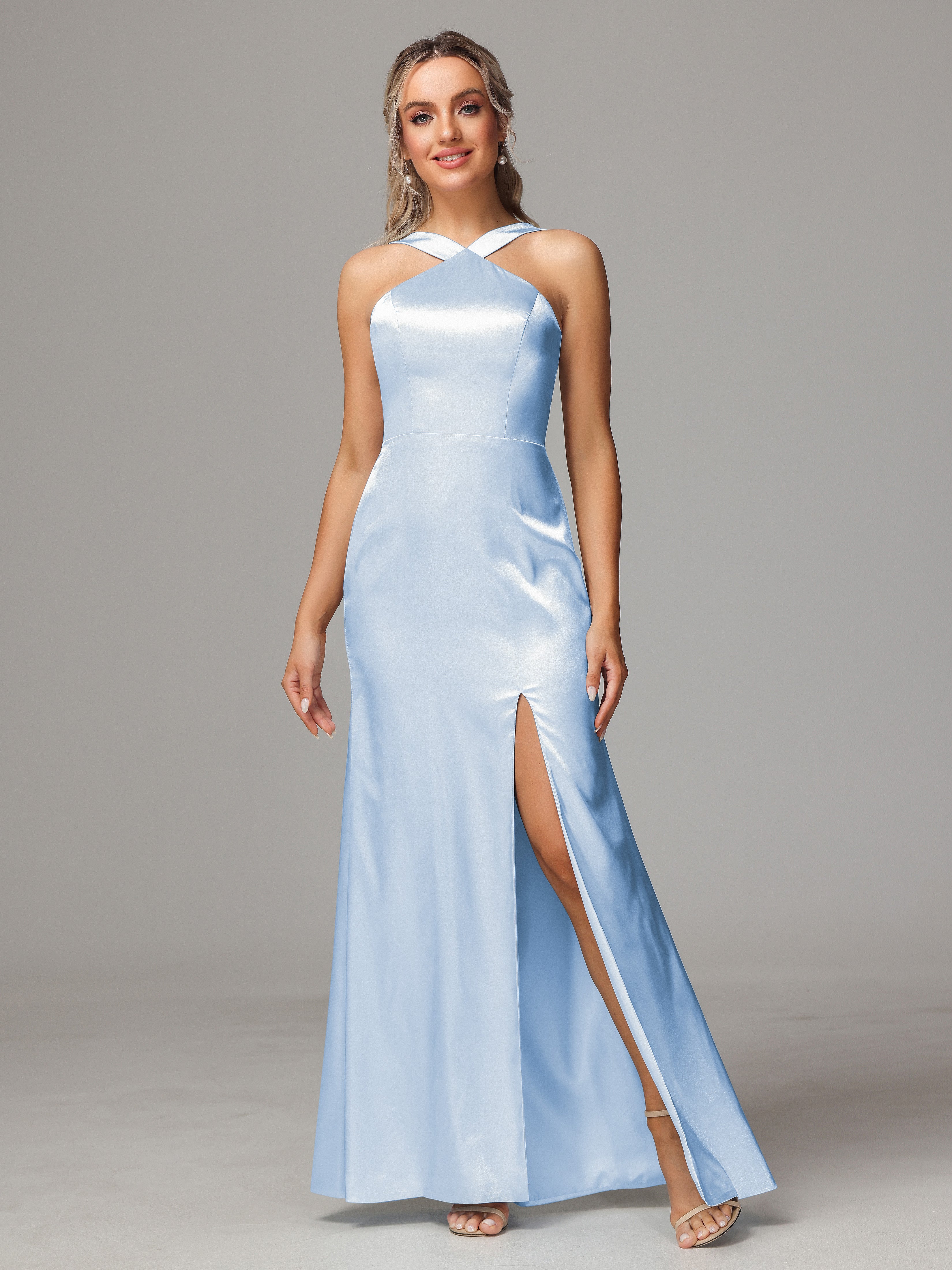 Halter Sleeveless Soft Satin Wedding Guest Dress