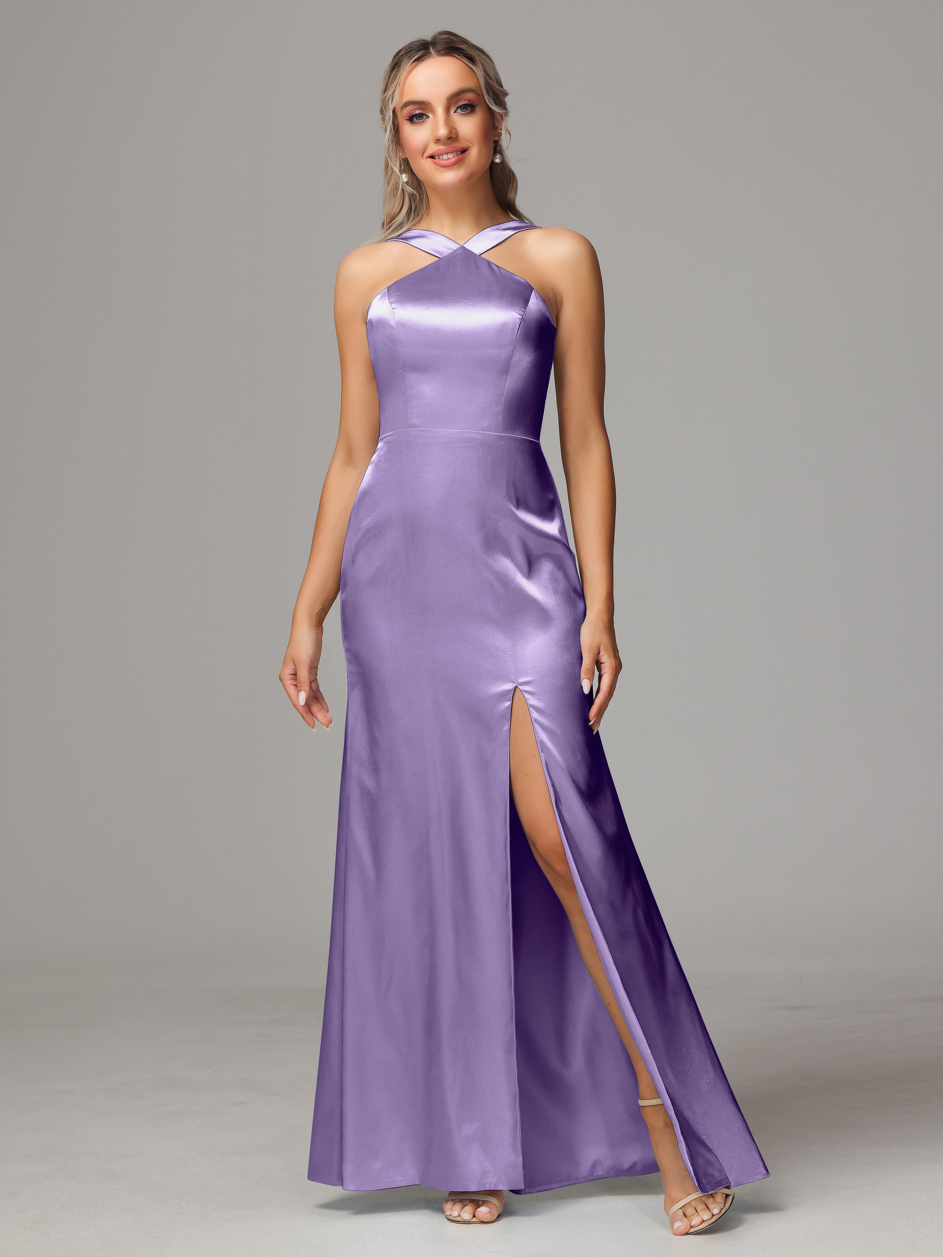 Halter Sleeveless Soft Satin Wedding Guest Dress