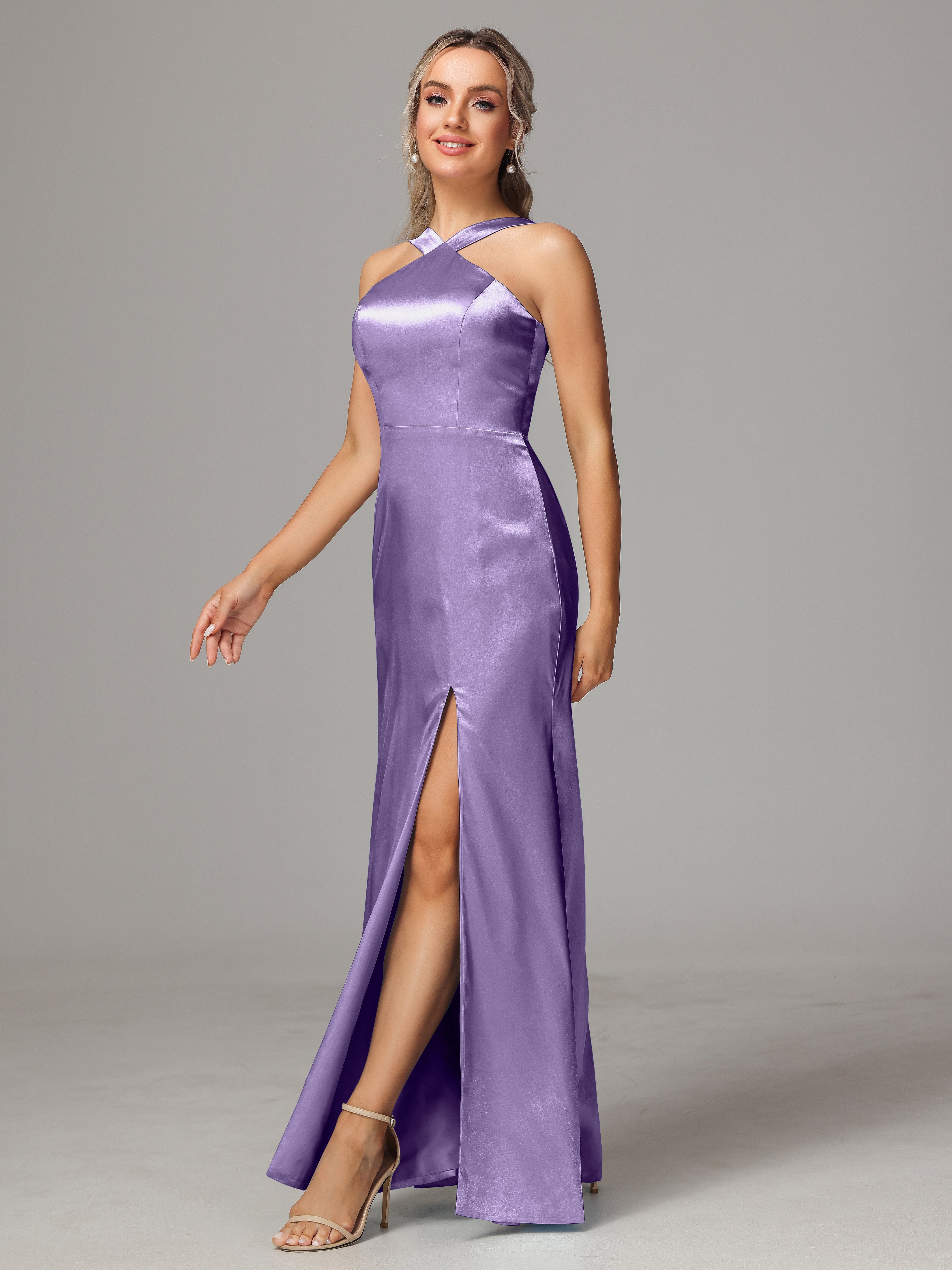 Halter Sleeveless Soft Satin Wedding Guest Dress