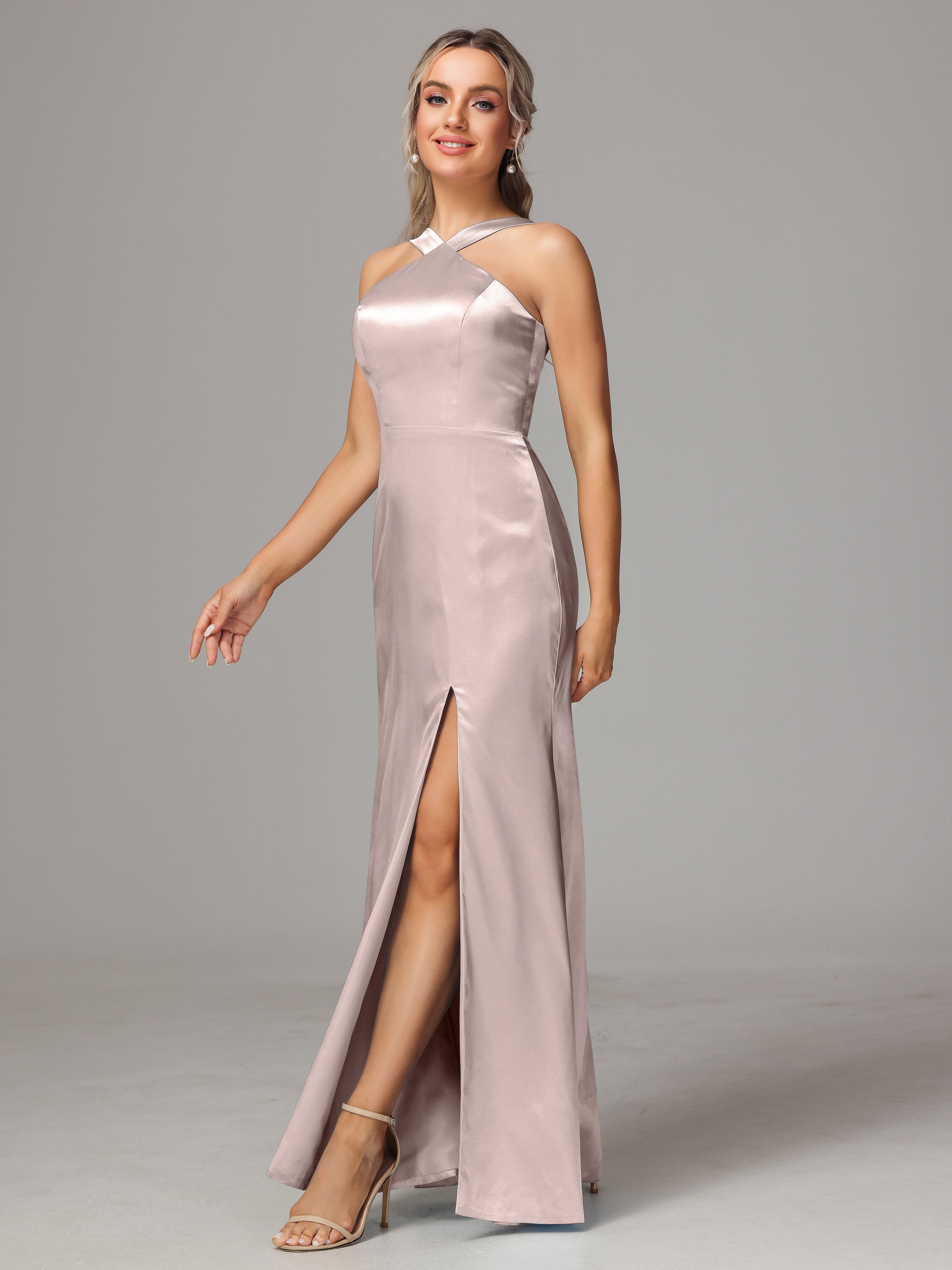 Halter Sleeveless Soft Satin Bridesmaid Dress