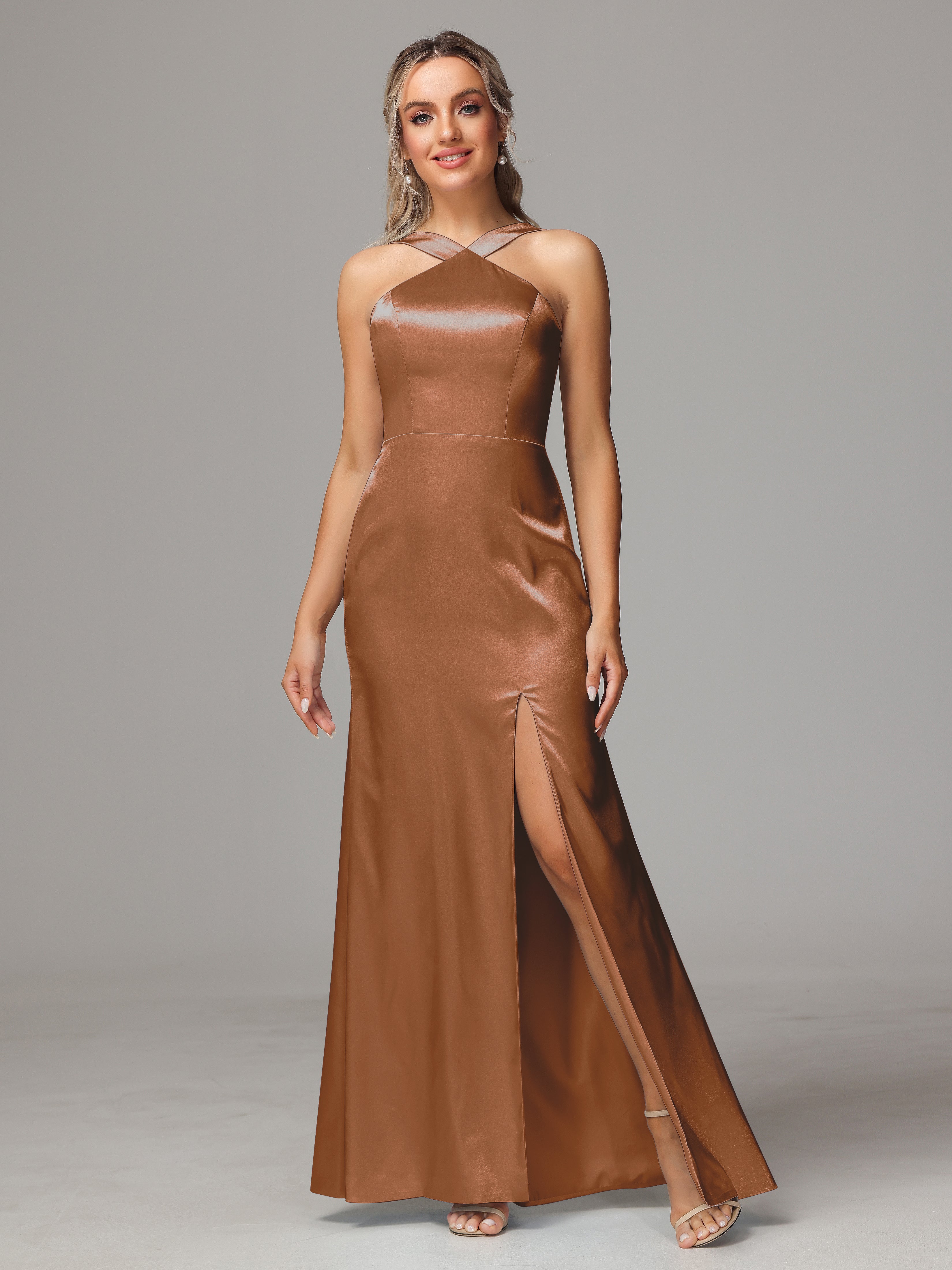 Halter Sleeveless Soft Satin Wedding Guest Dress