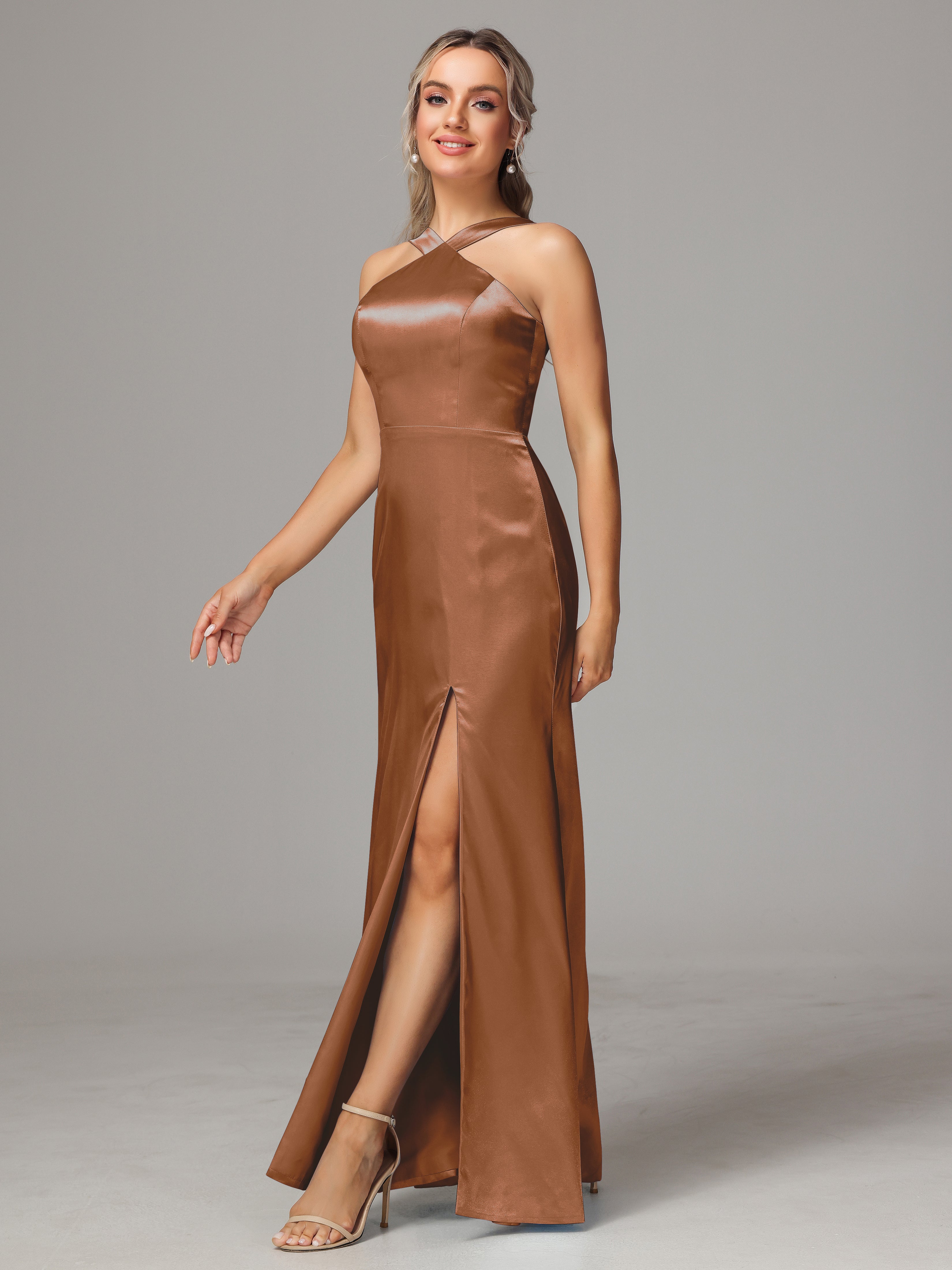 Halter Sleeveless Soft Satin Wedding Guest Dress