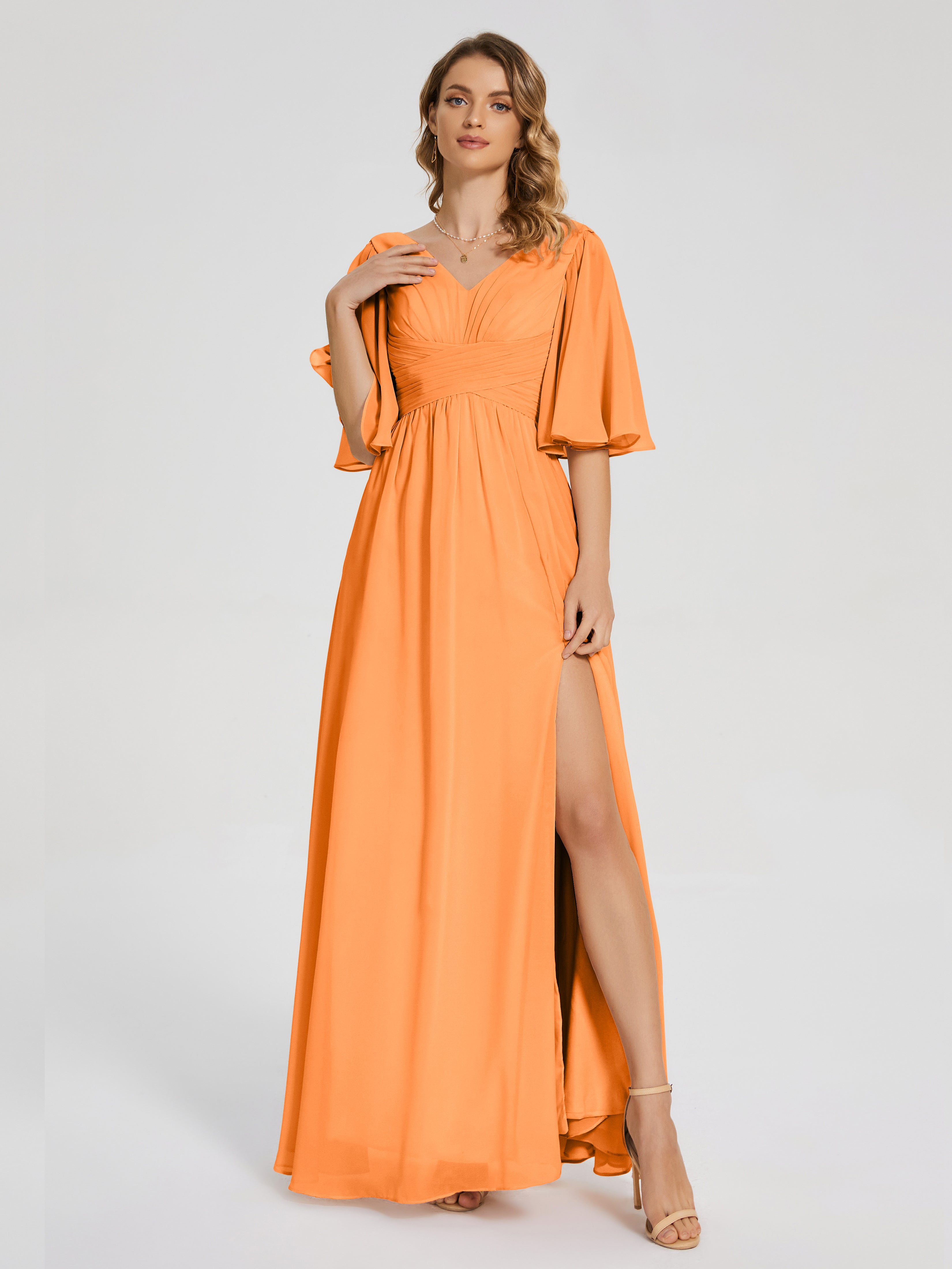 Amina Half Sleeves V-neck Chiffon Bridesmaid Dress