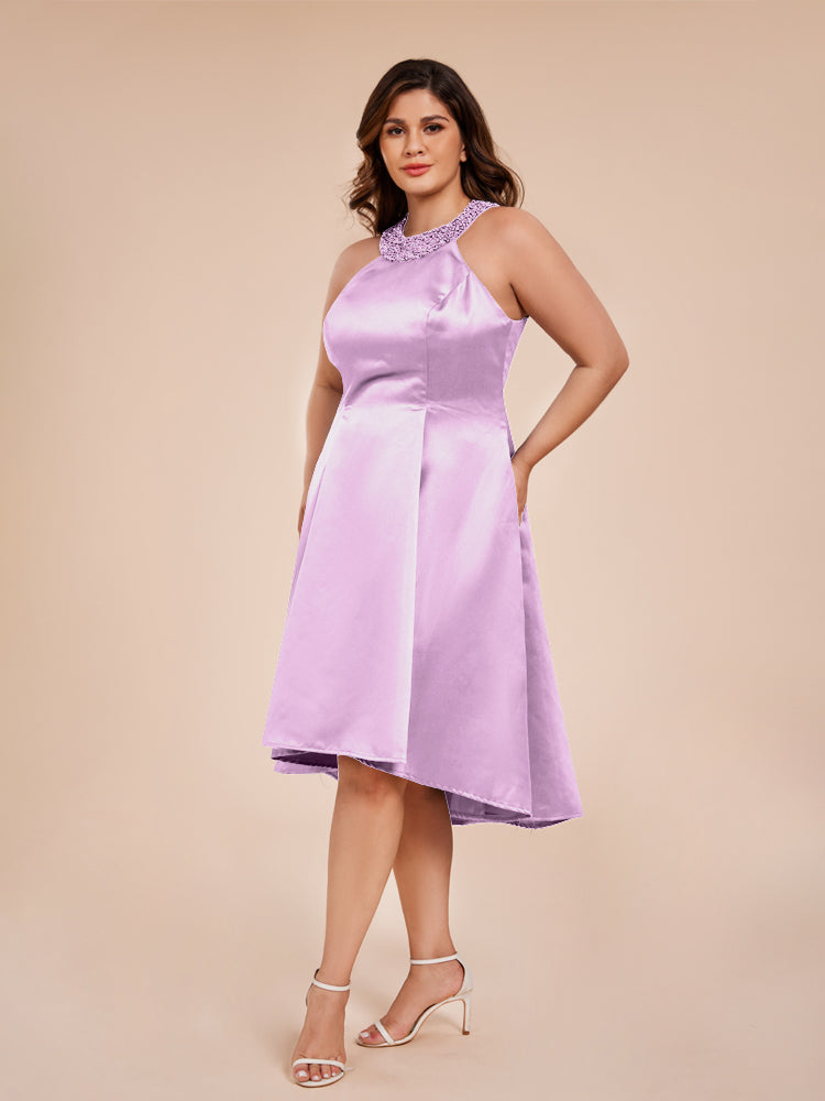 Halter Beaded Neck A Line High Low Satin Mother of the Bride Dress