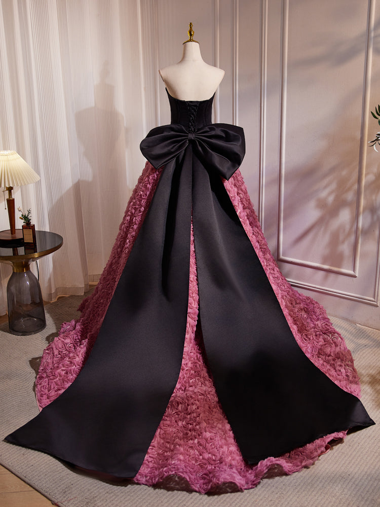 Hepburn Style Black Pink Bow Tie Flower Long Prom Dresses