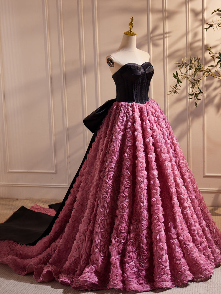 Hepburn Style Black Pink Bow Tie Flower Long Prom Dresses