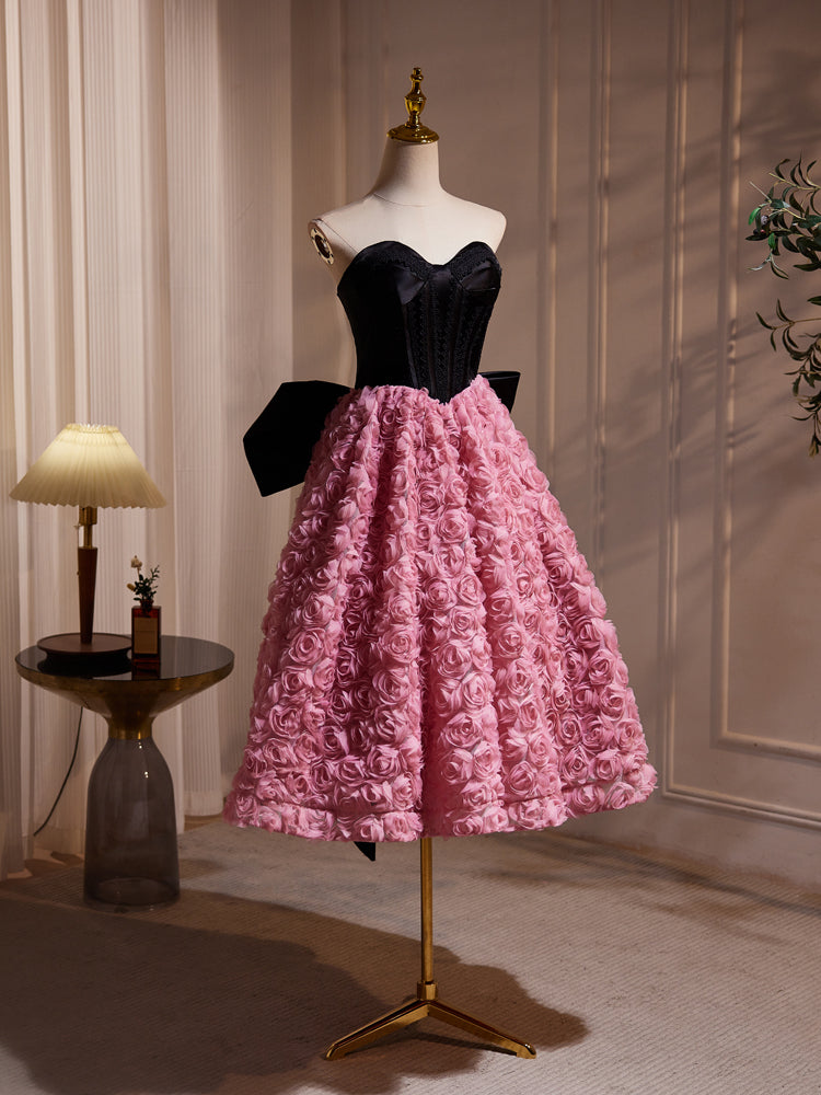 Hepburn Style Black Pink Midi Long Bow Tie Flower Prom Dresses