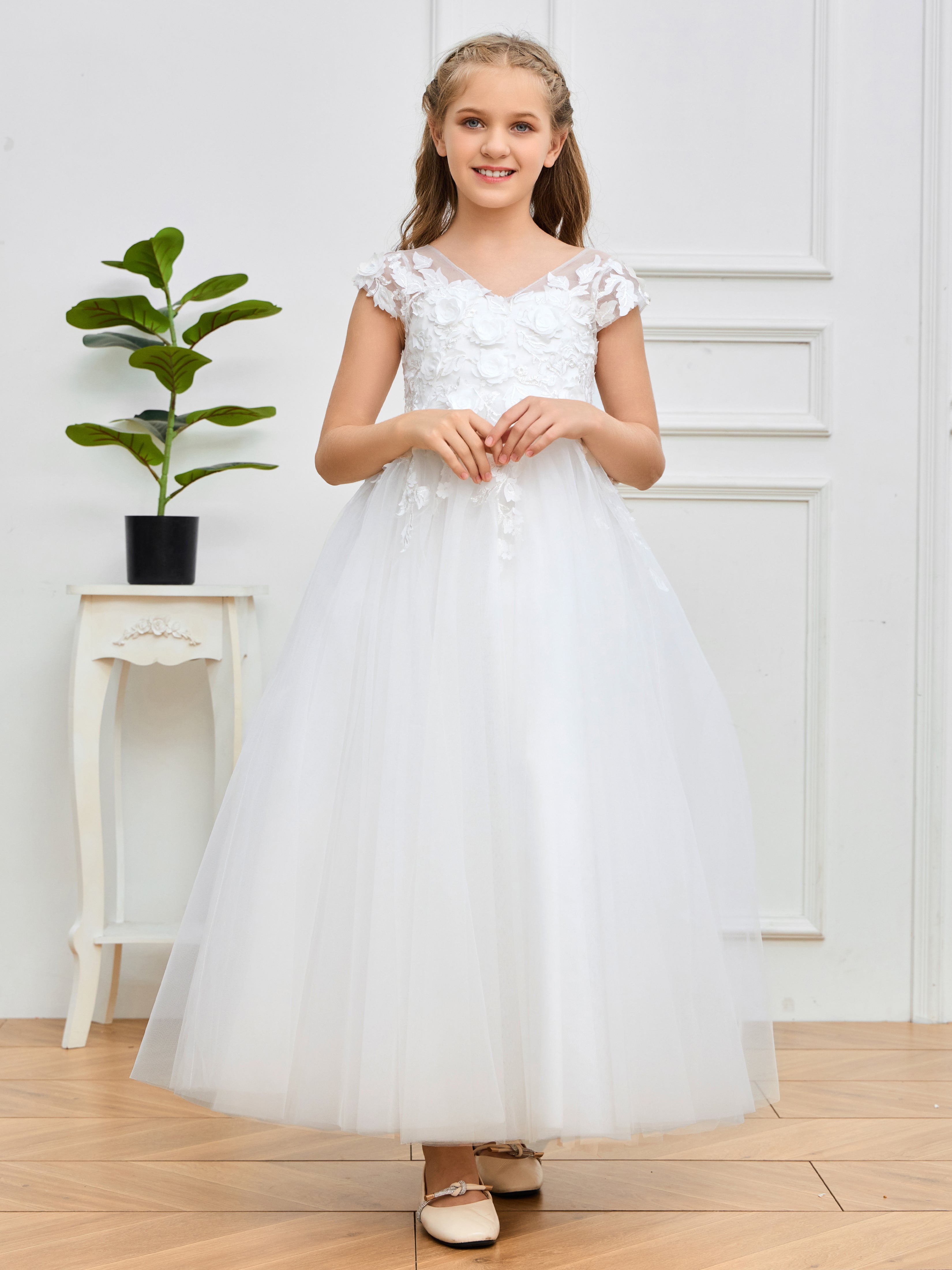 Cap Sleeves Lace Appliques Tulle Flower Girl Dress