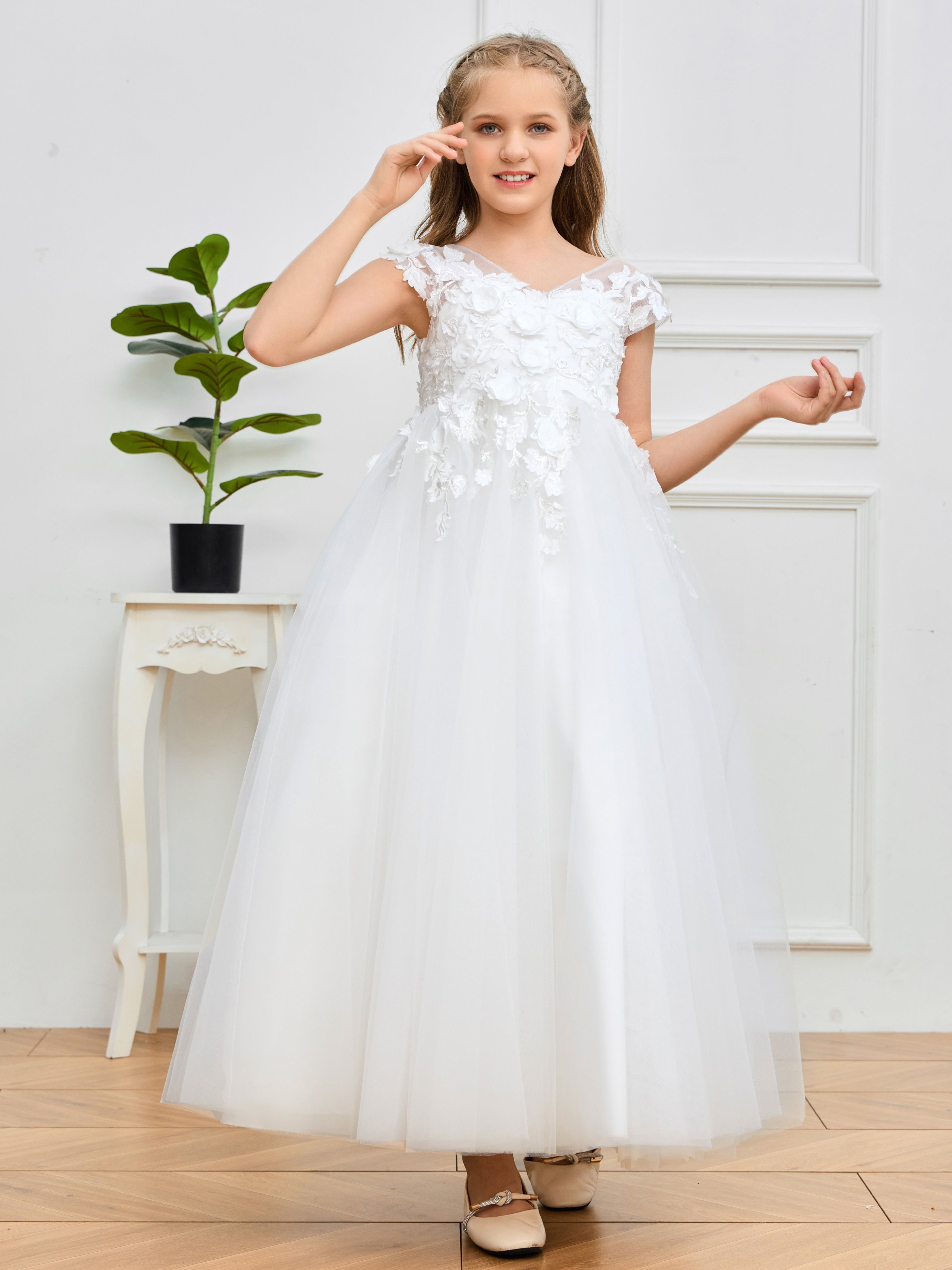 Cap Sleeves Lace Appliques Tulle Flower Girl Dress