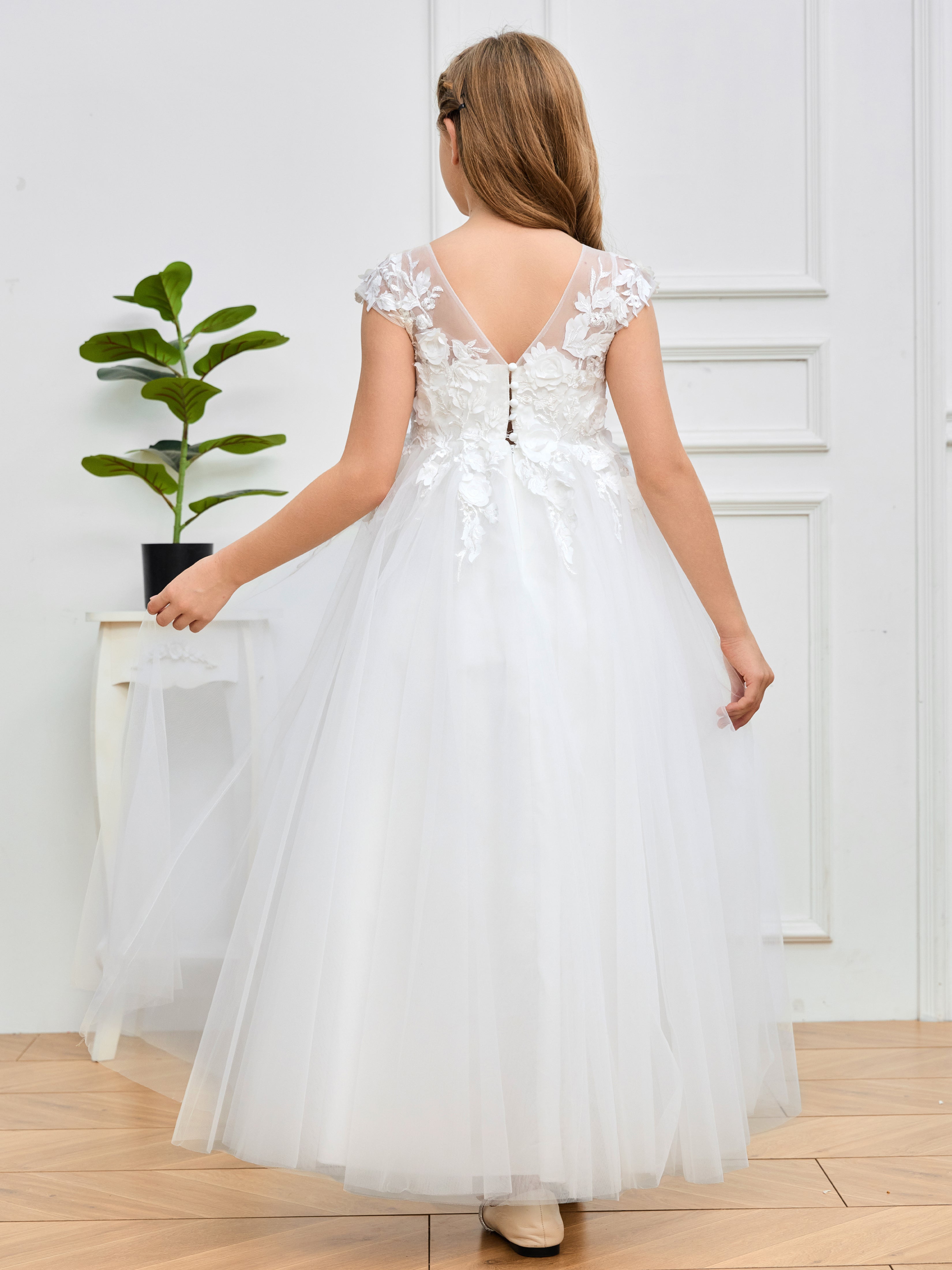 Cap Sleeves Lace Appliques Tulle Flower Girl Dress