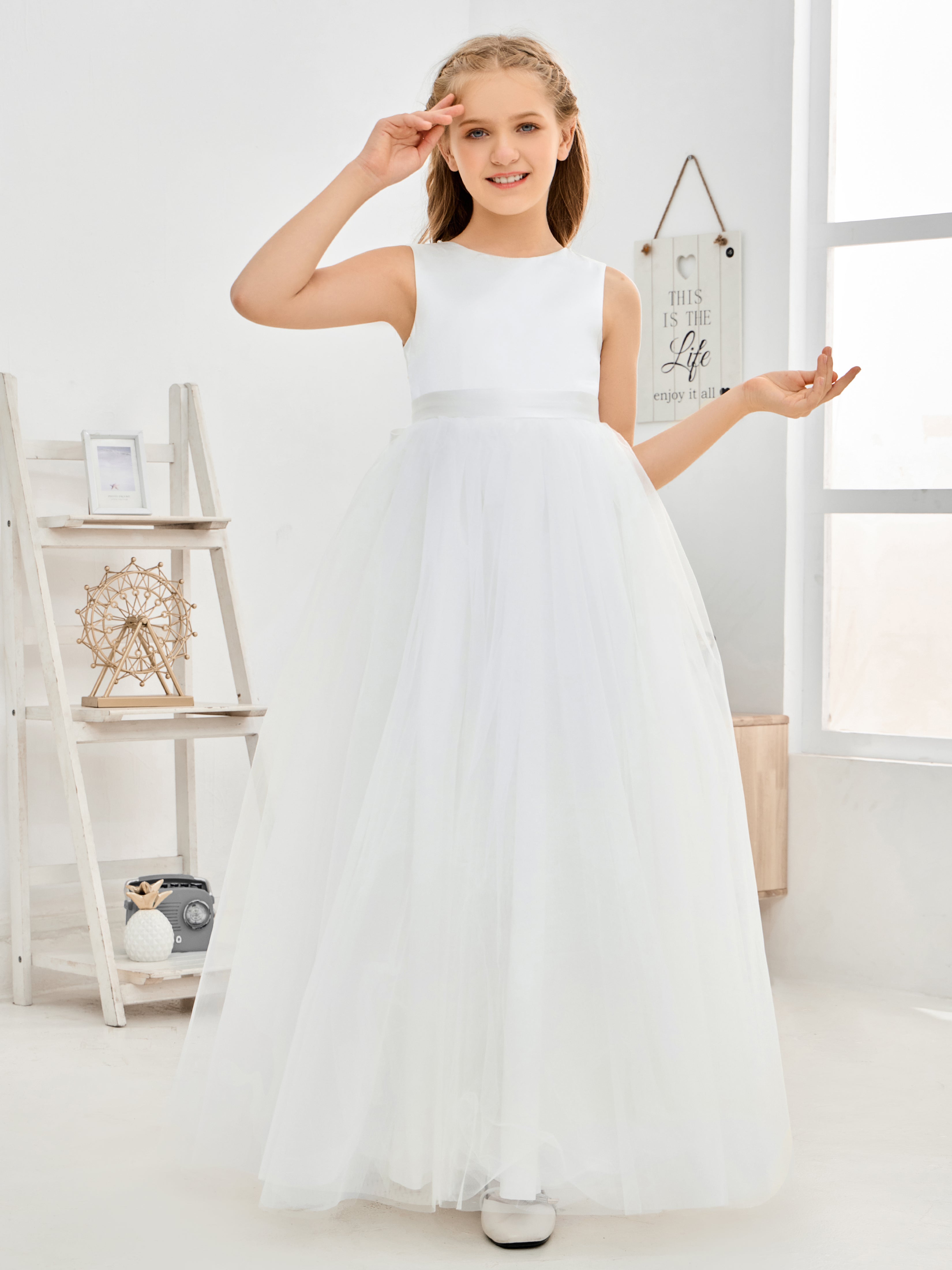 Sleeveless Satin Flower Girl Dress With Bow-Knot