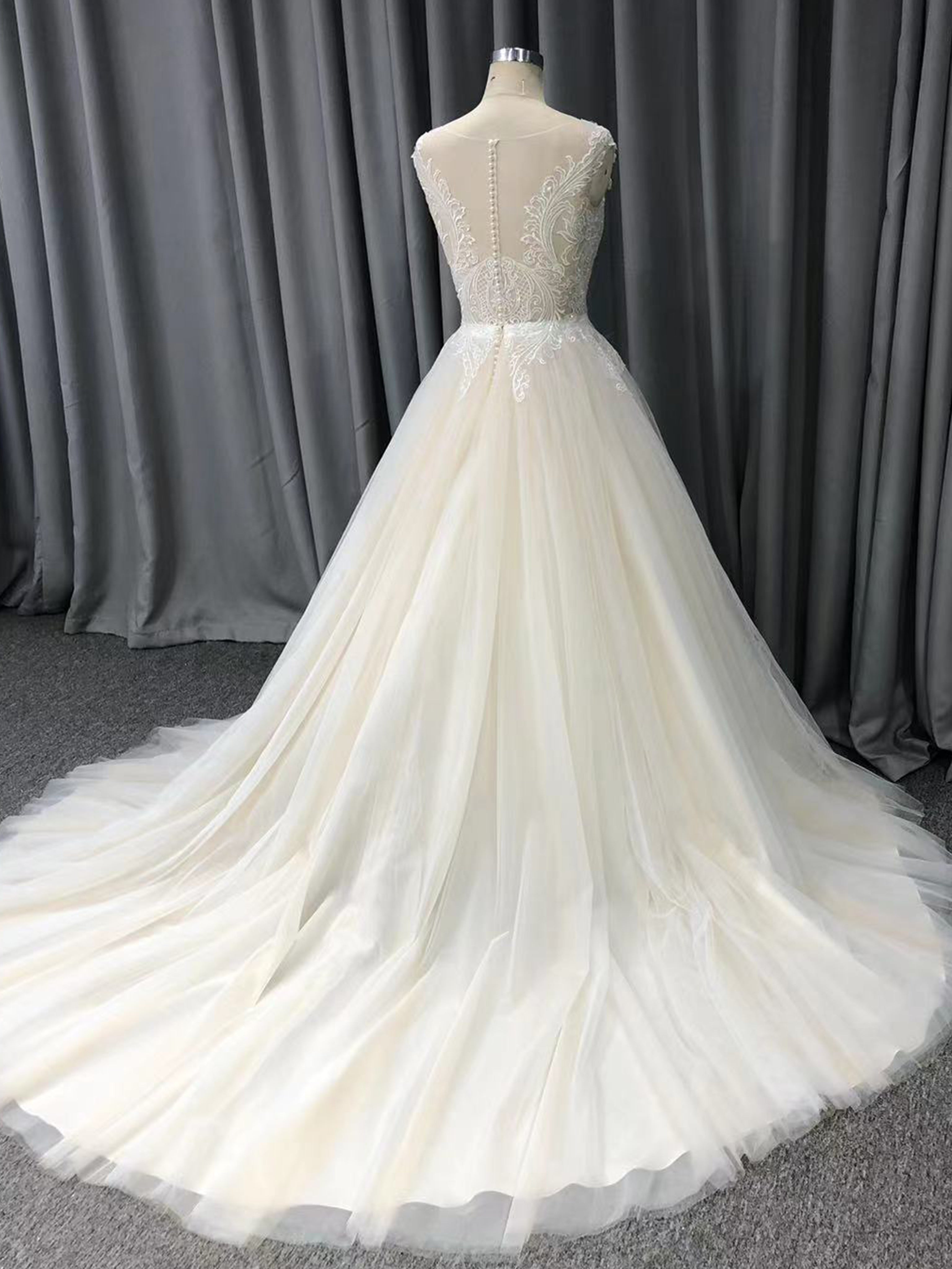 Illusion Lace Appliqued Top Tulle Skirt A-Line Wedding Dress