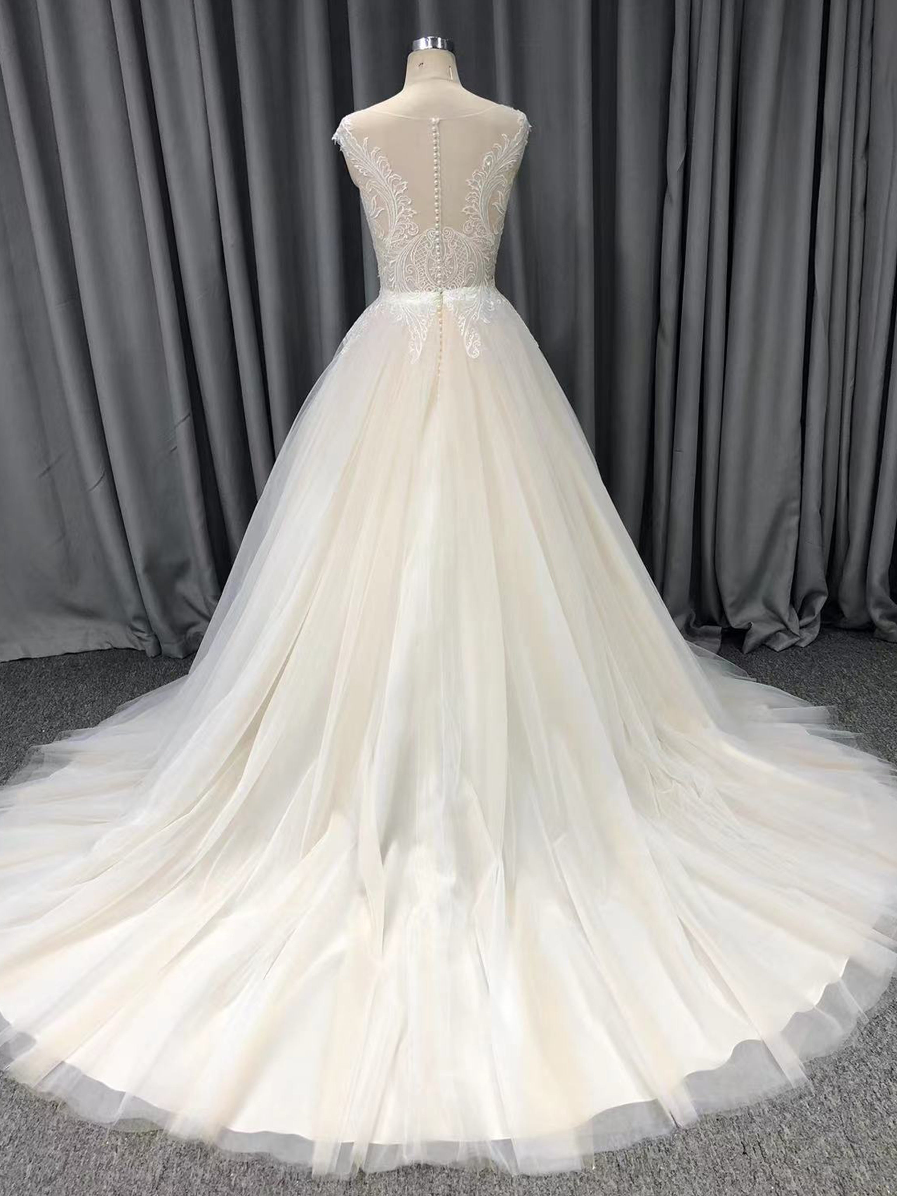 Illusion Lace Appliqued Top Tulle Skirt A-Line Wedding Dress