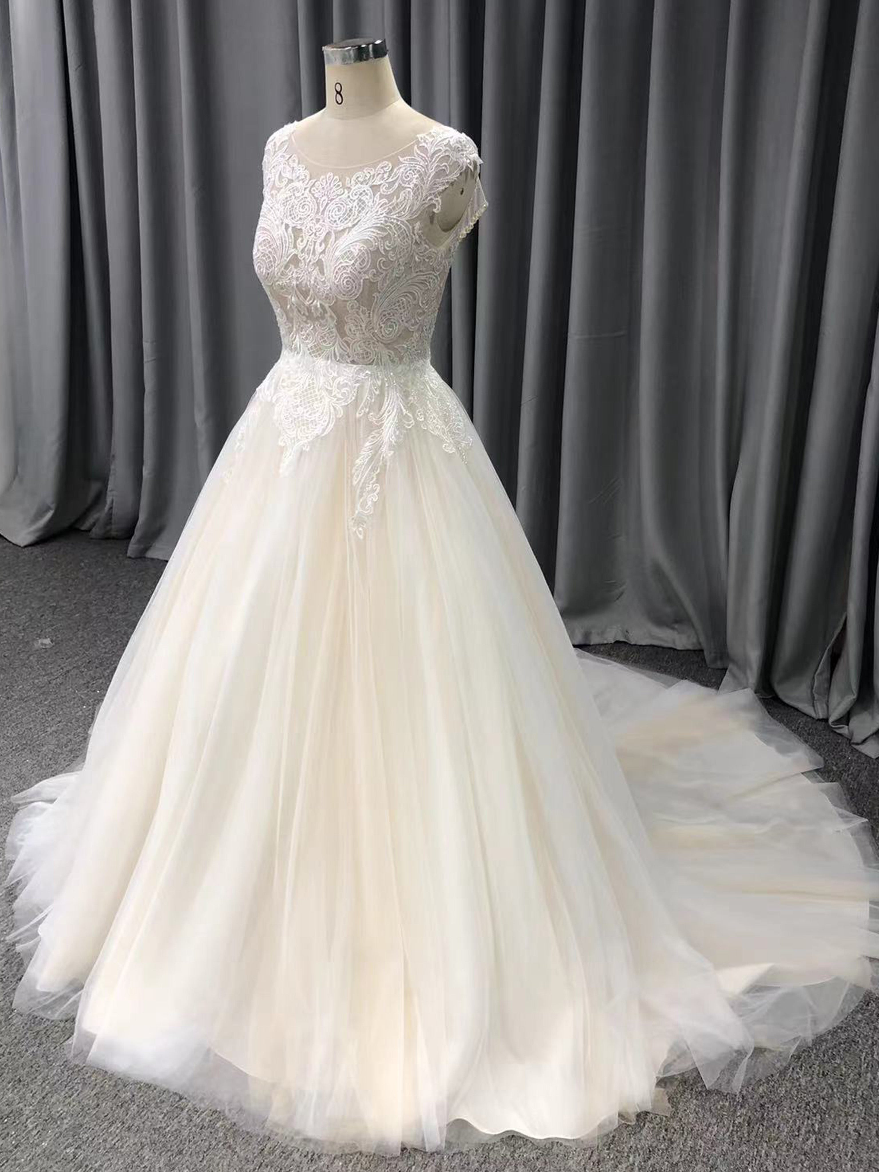 Illusion Lace Appliqued Top Tulle Skirt A-Line Wedding Dress