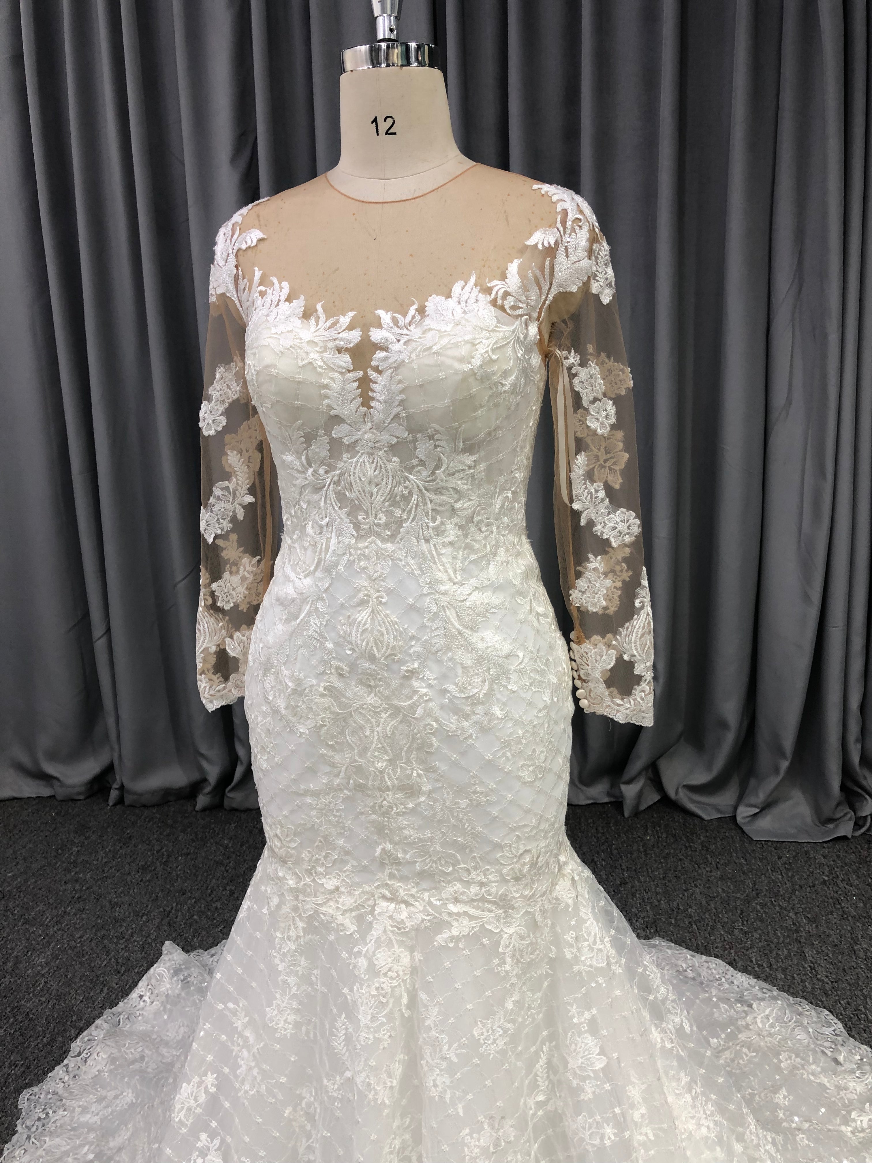 Illusion Neck Long Sleeves Lace Appliqued Mermaid Wedding Gown