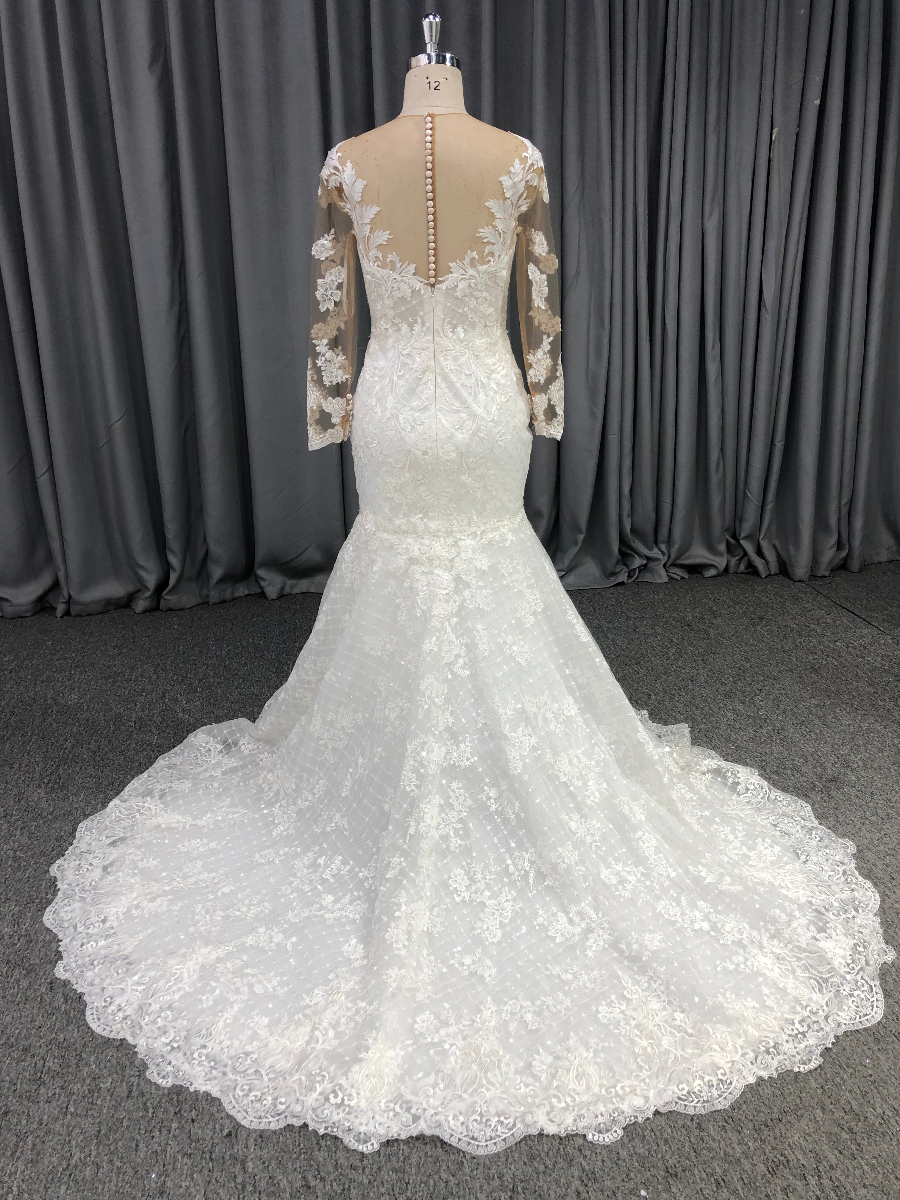 Illusion Neck Long Sleeves Lace Appliqued Mermaid Wedding Gown