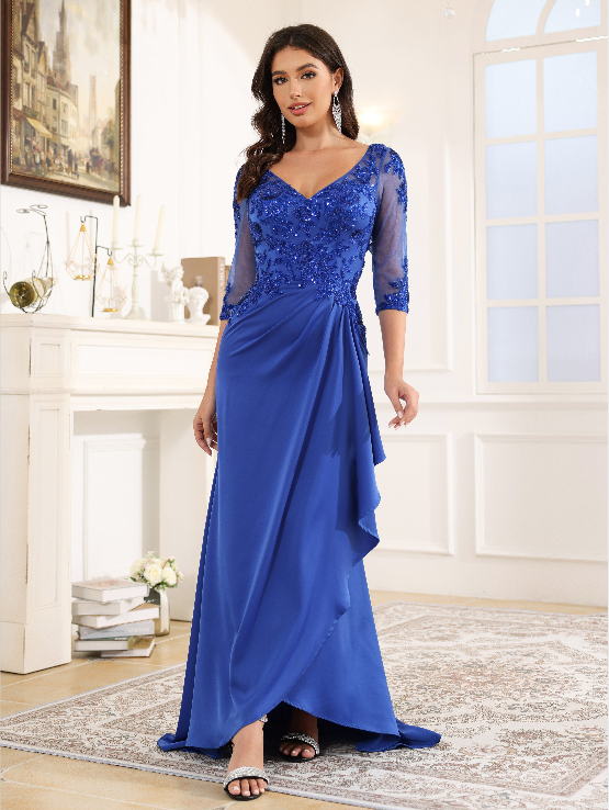 Half Sleeves V Neck Satin Long Prom Dress