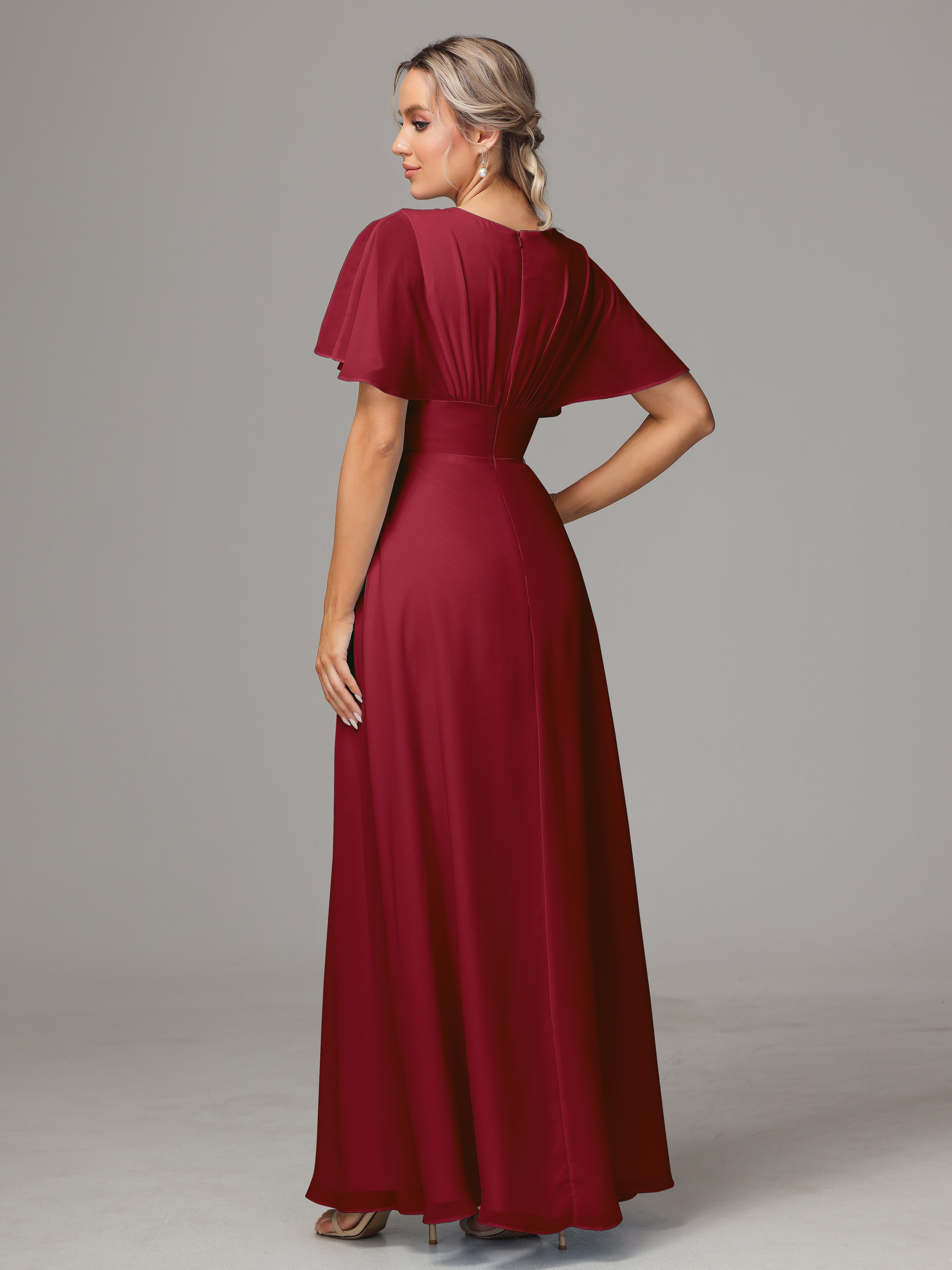 Short Sleeves V Neck Chiffon Bridesmaid Dress With Slit