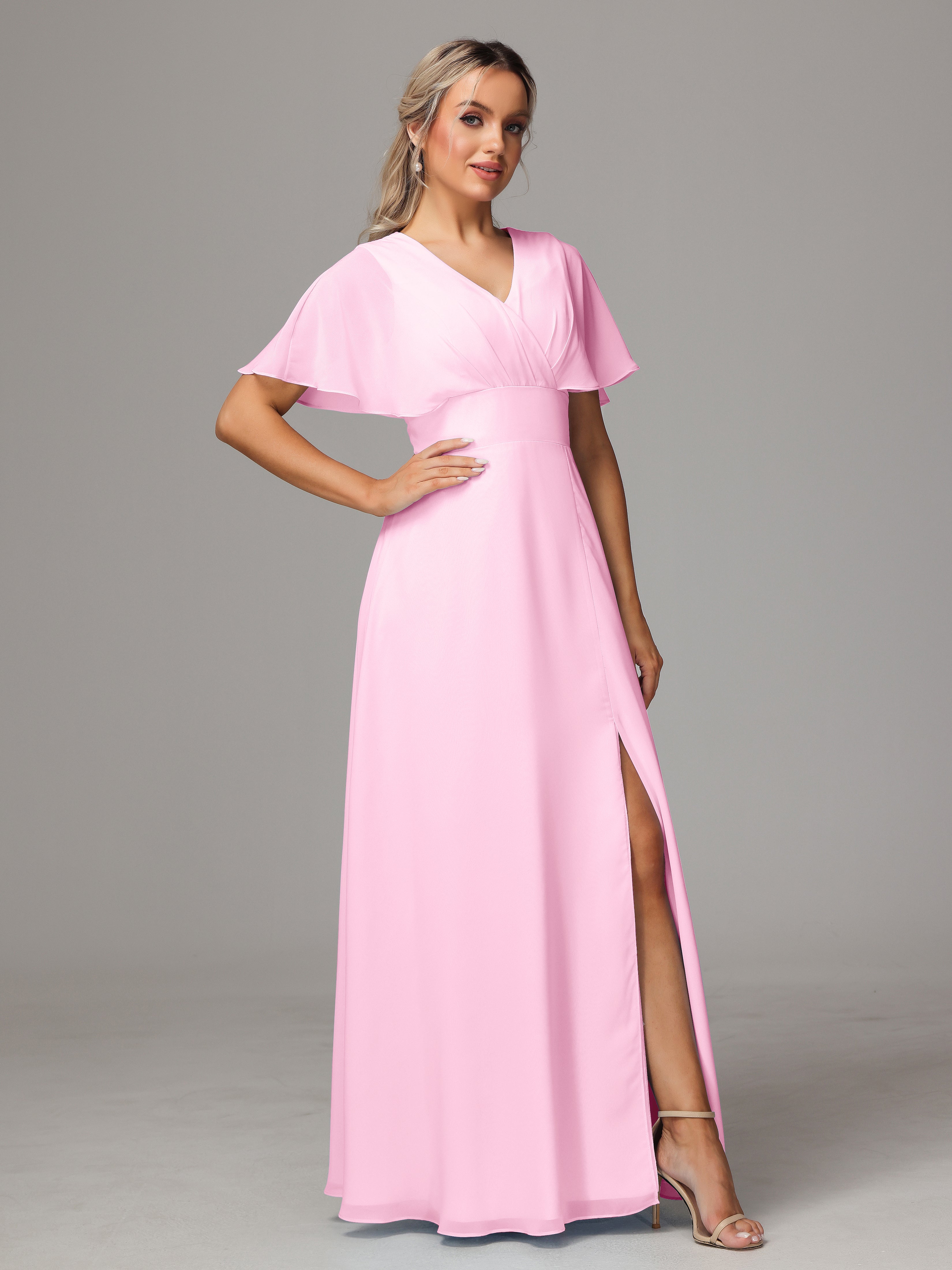 Short Sleeves V Neck Chiffon Bridesmaid Dress With Slit