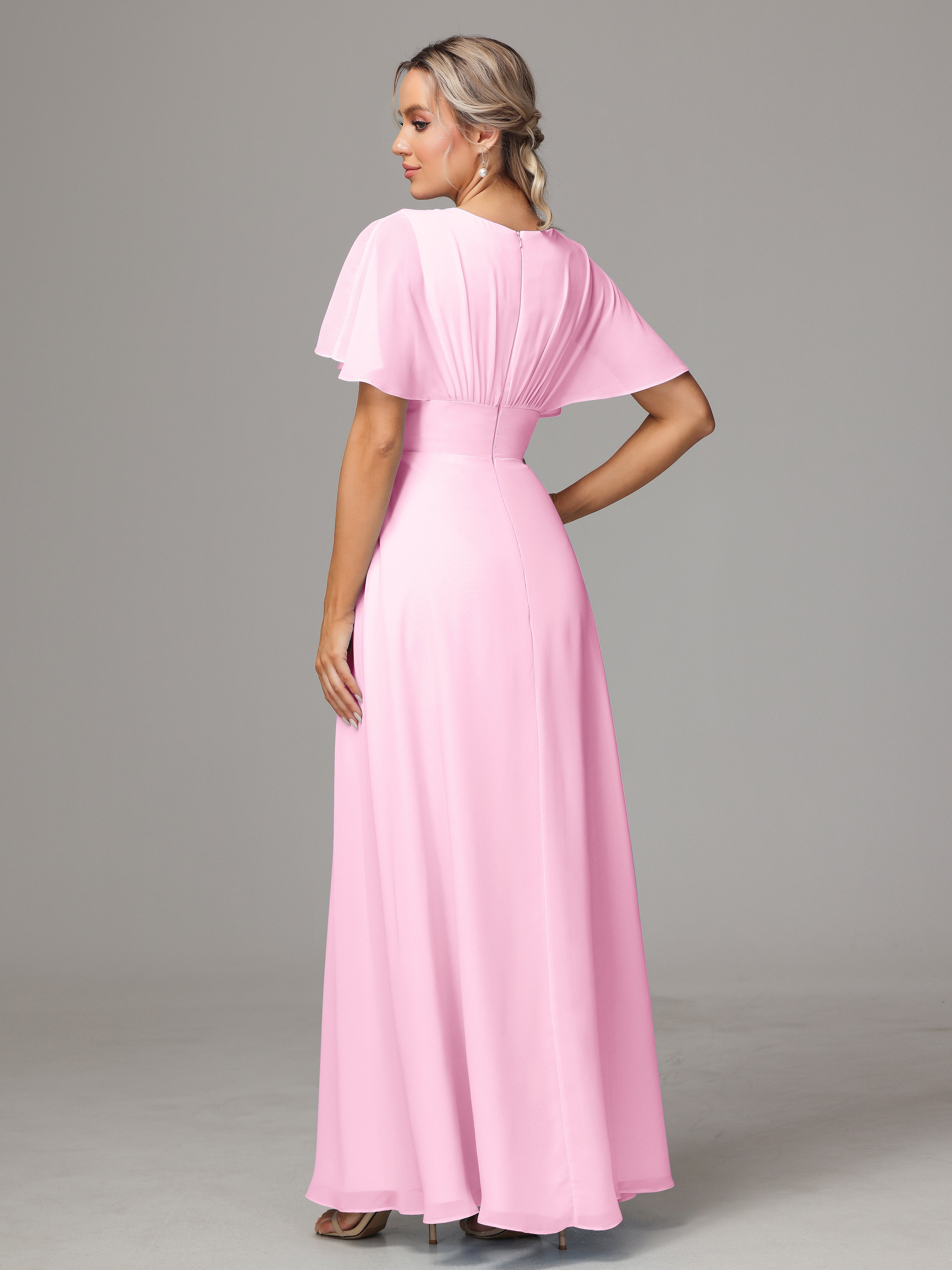 Short Sleeves V Neck Chiffon Bridesmaid Dress With Slit