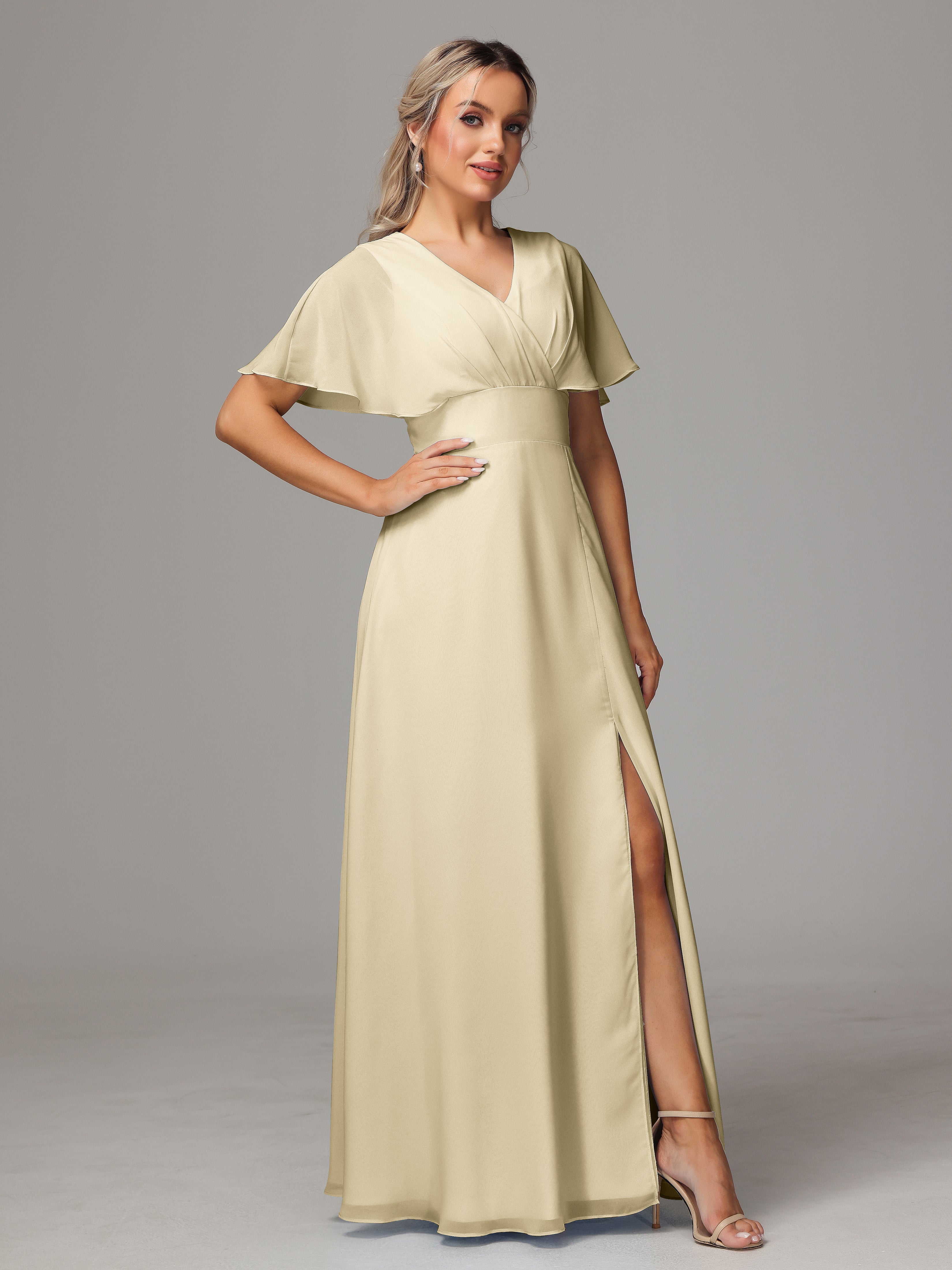 Short Sleeves V Neck Chiffon Bridesmaid Dress With Slit