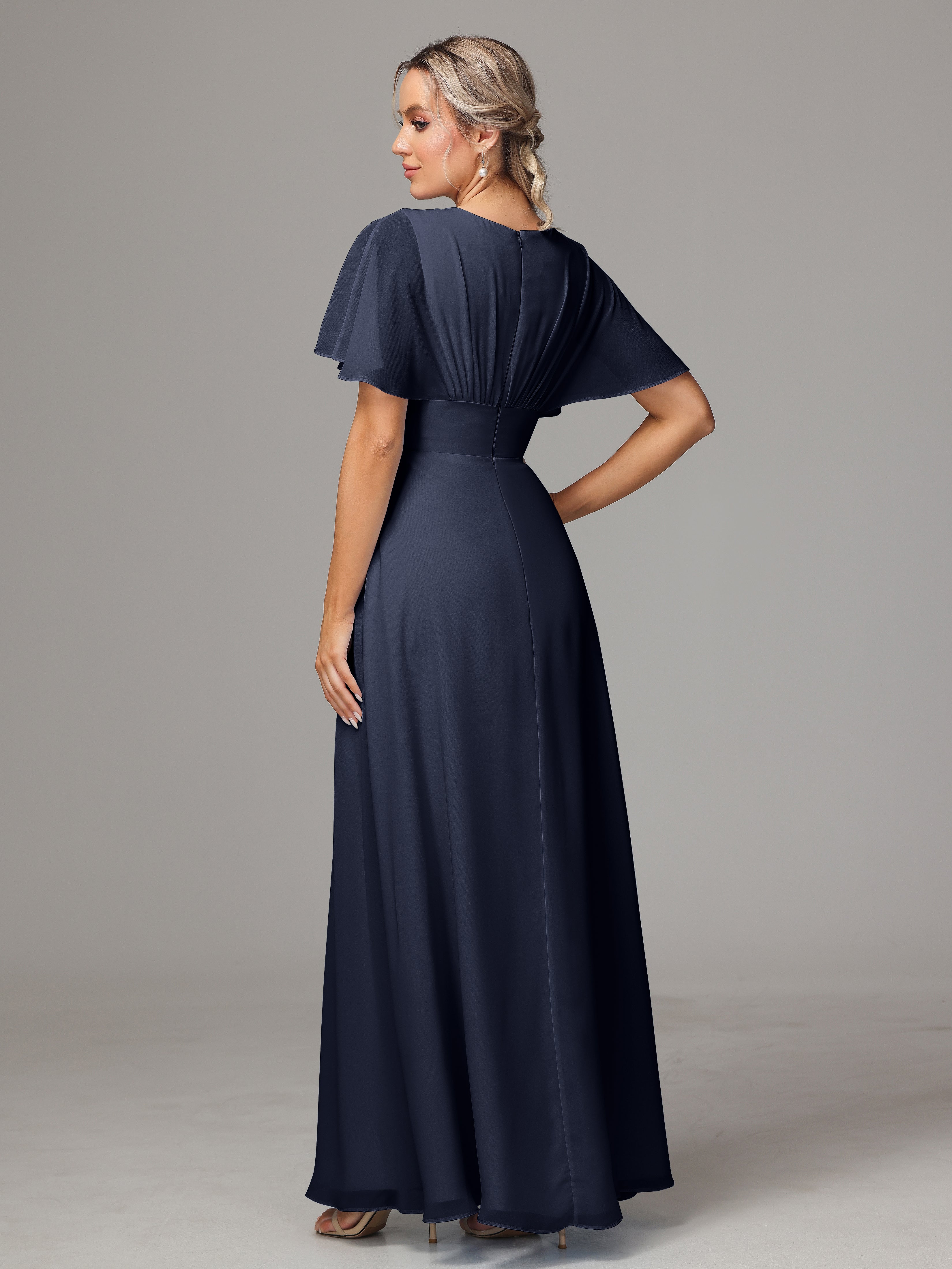 Short Sleeves V Neck Chiffon Bridesmaid Dress With Slit