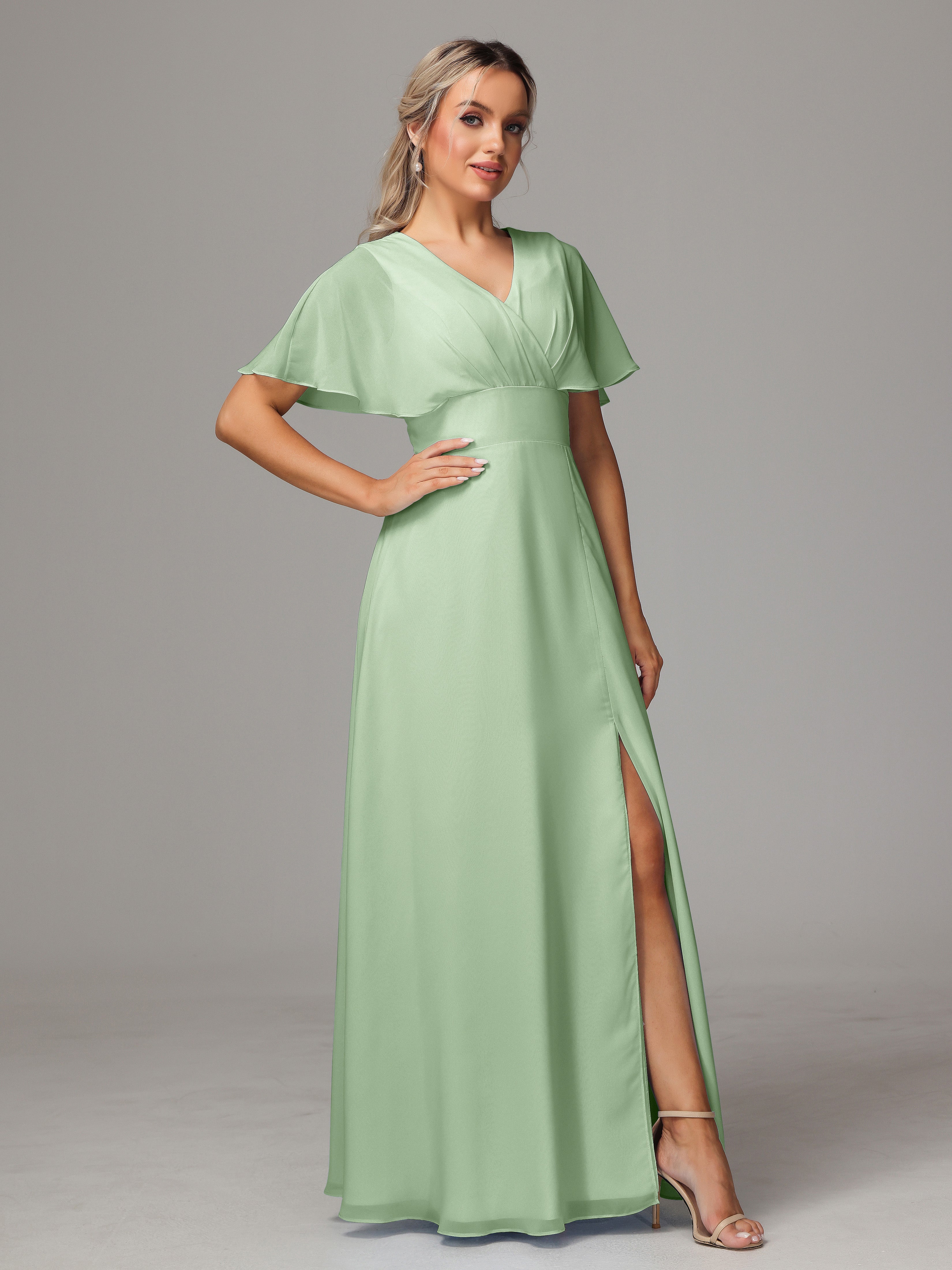 Short Sleeves V Neck Chiffon Bridesmaid Dress With Slit