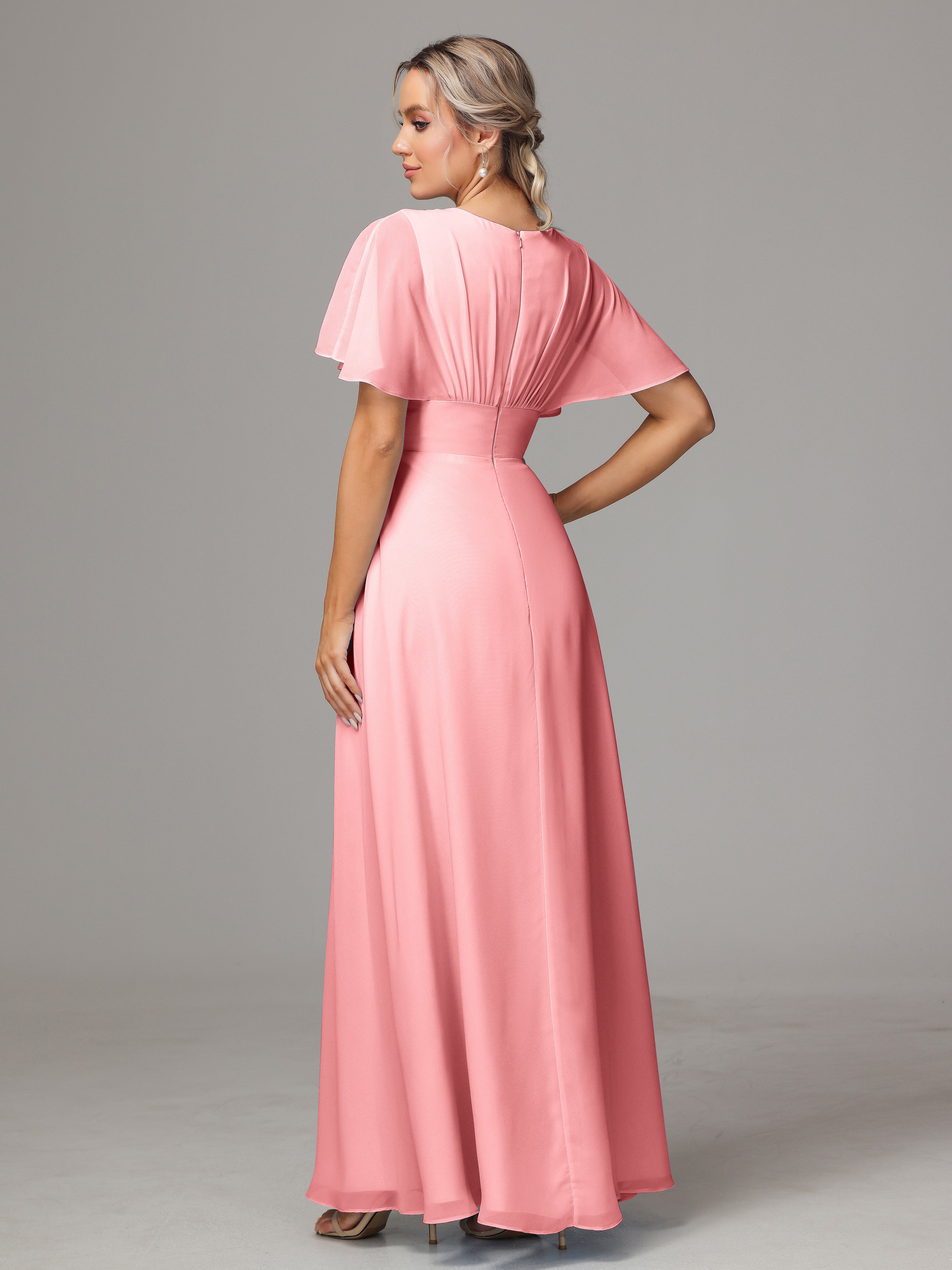 Short Sleeves V Neck Chiffon Bridesmaid Dress With Slit