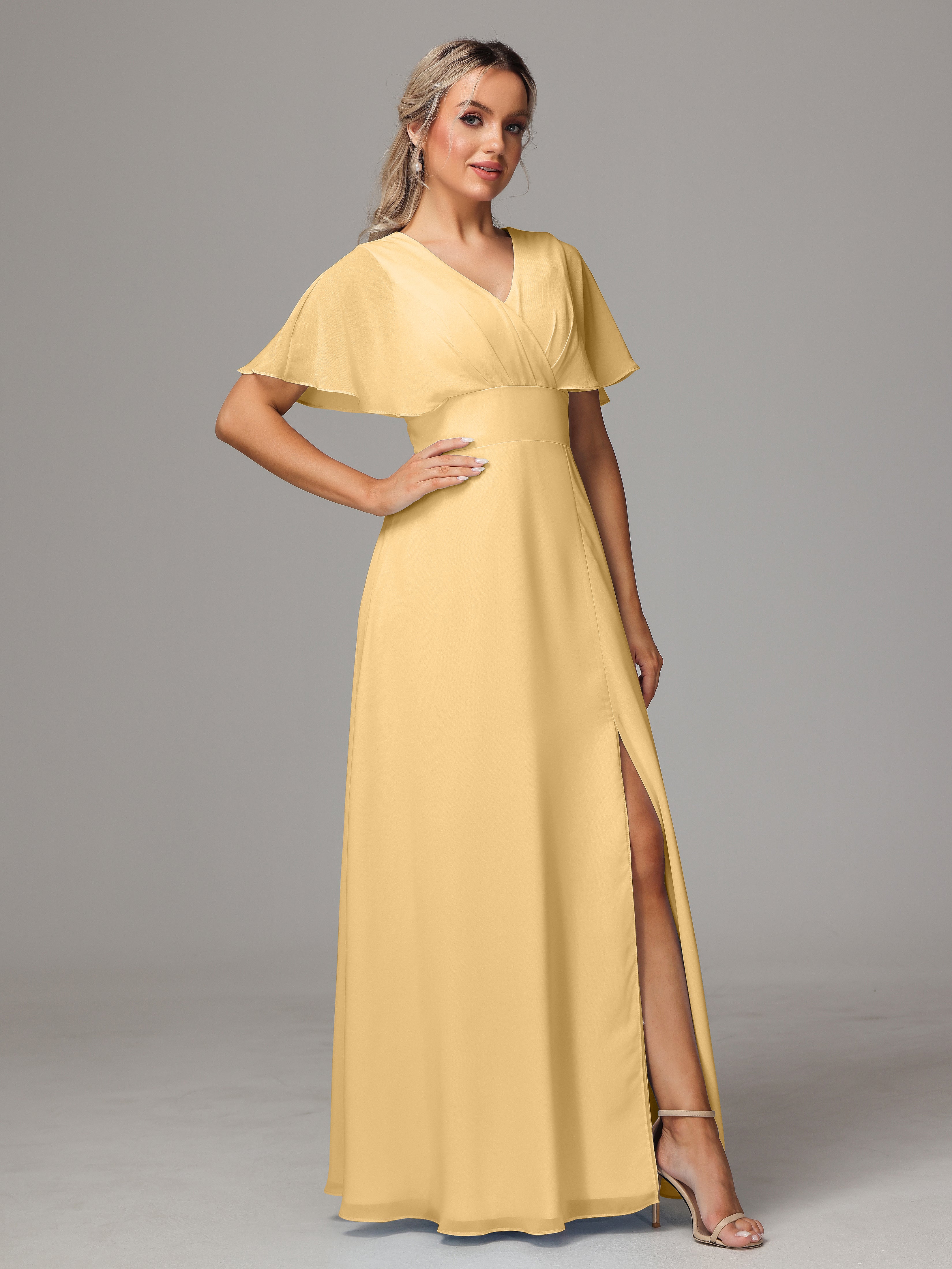 Short Sleeves V Neck Chiffon Bridesmaid Dress With Slit