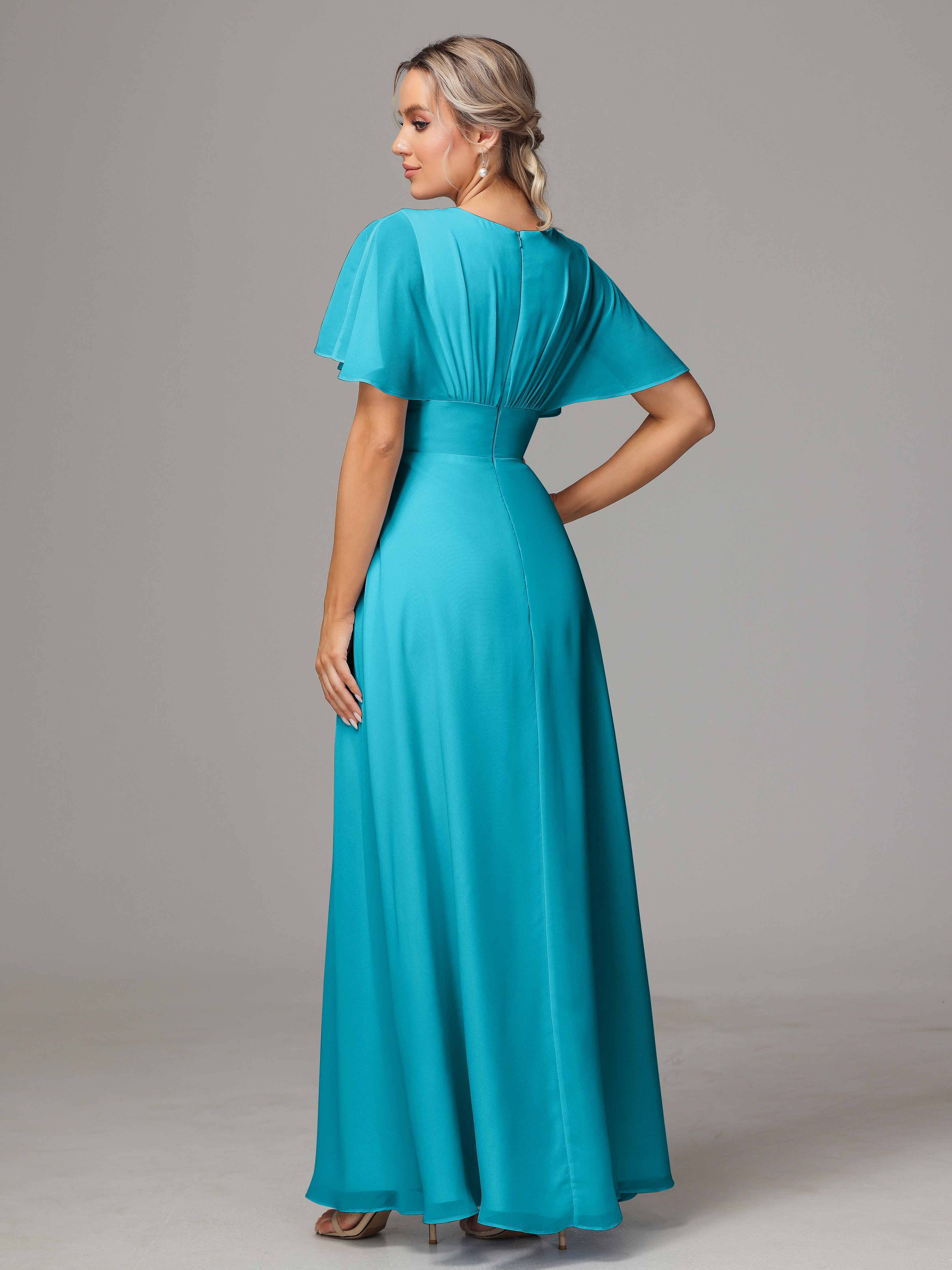 Short Sleeves V Neck Chiffon Bridesmaid Dress With Slit