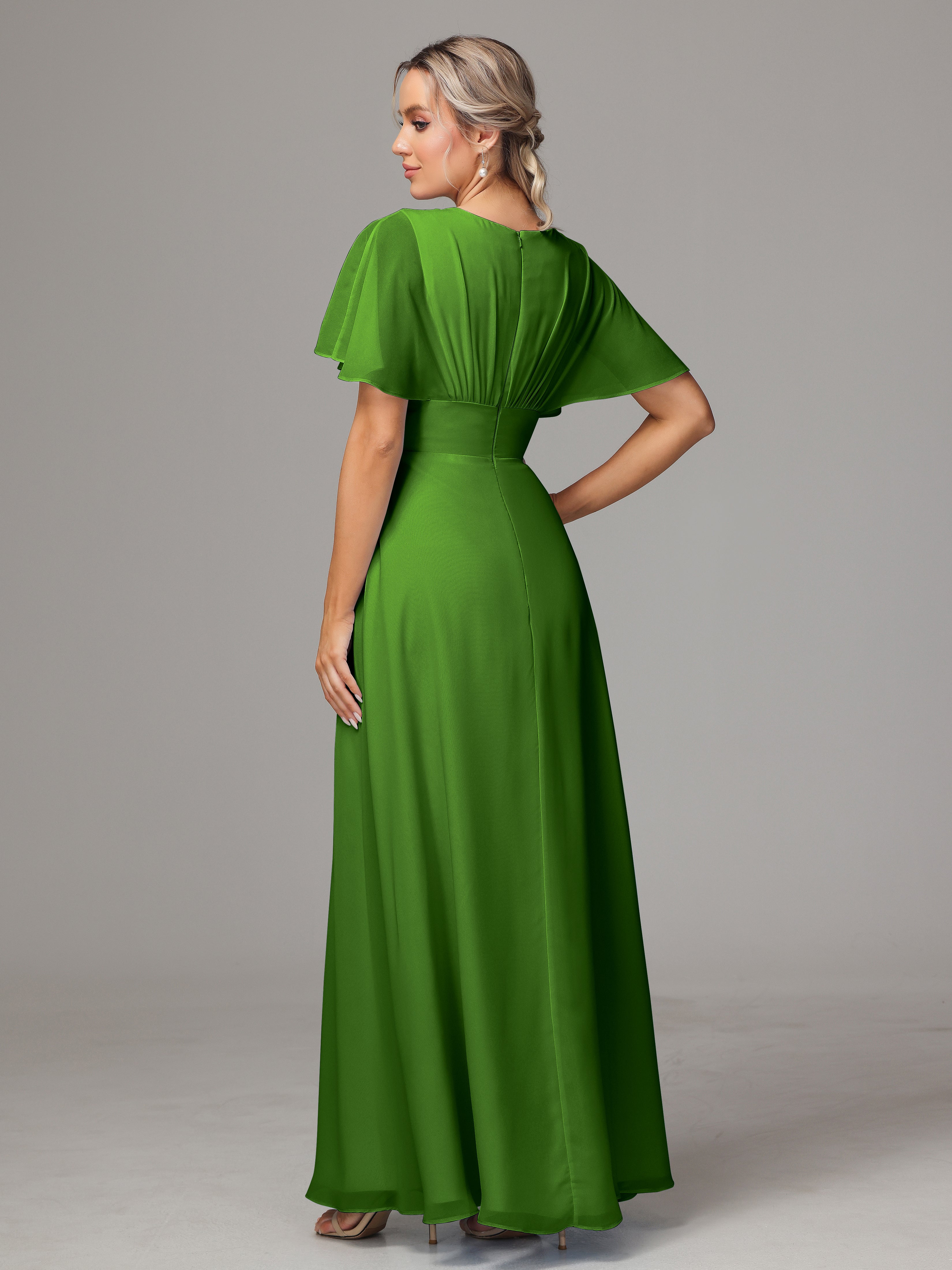 Short Sleeves V Neck Chiffon Bridesmaid Dress With Slit