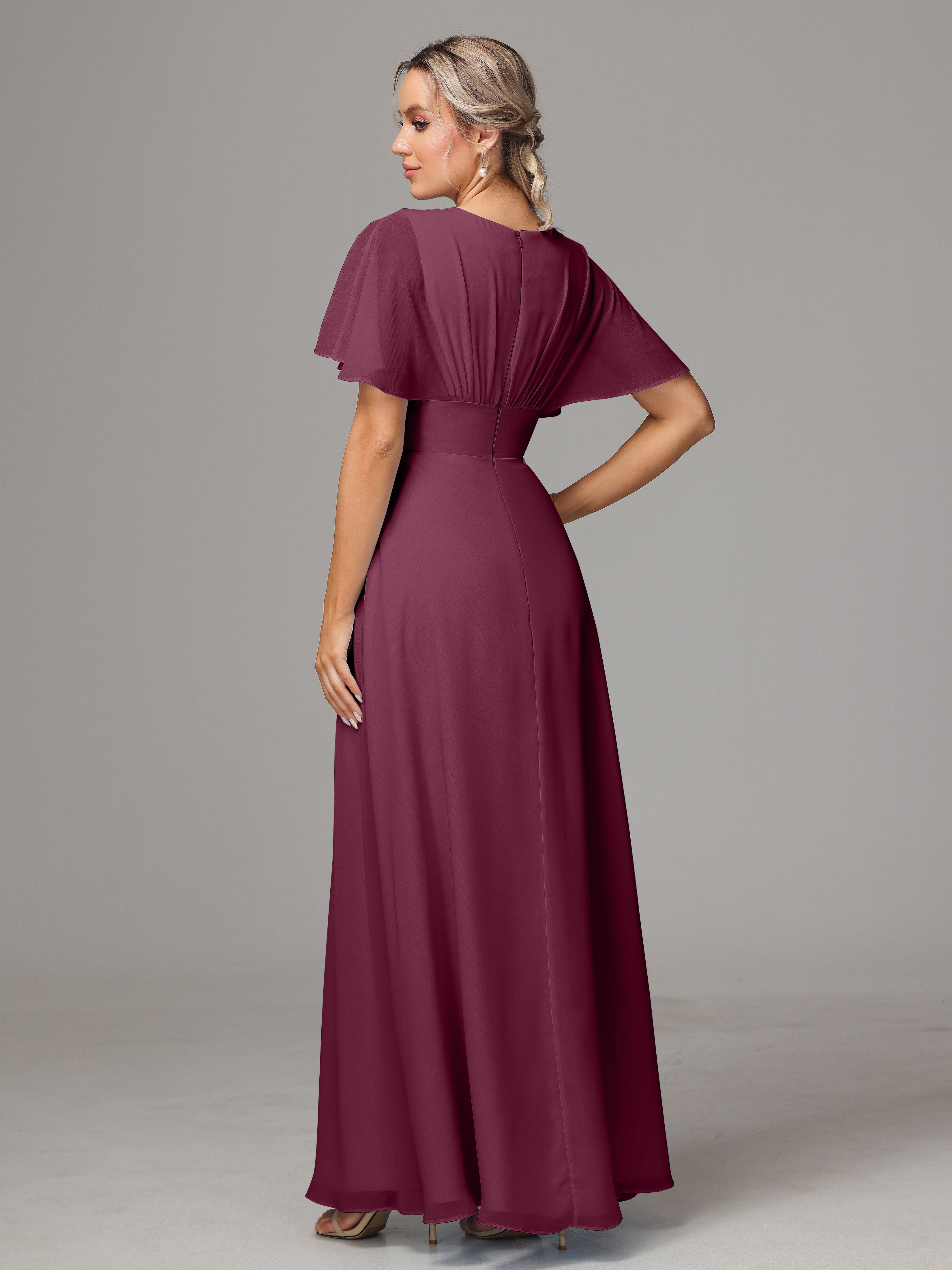 Short Sleeves V Neck Chiffon Bridesmaid Dress With Slit