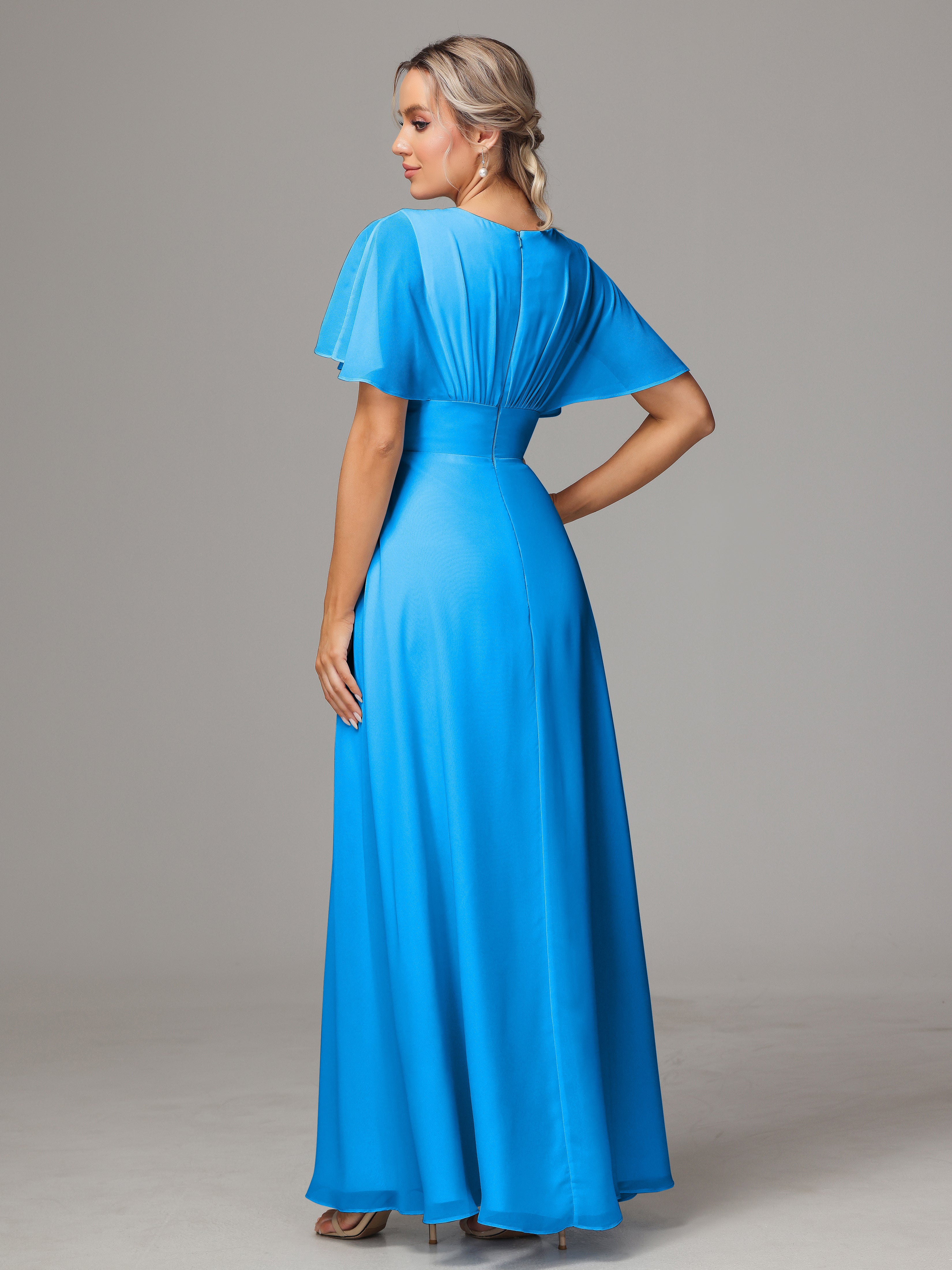 Short Sleeves V Neck Chiffon Bridesmaid Dress With Slit