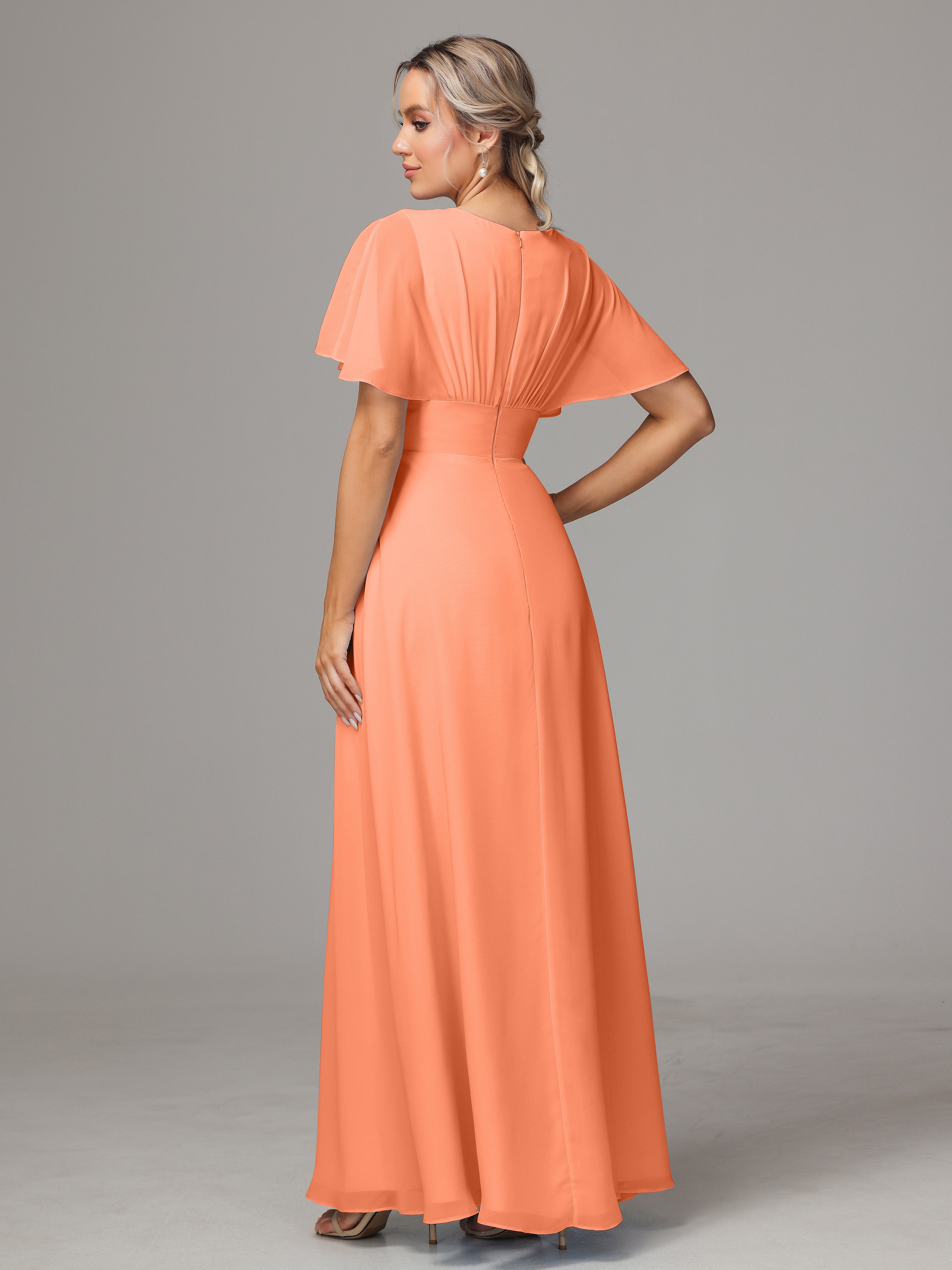 Short Sleeves V Neck Chiffon Bridesmaid Dress With Slit