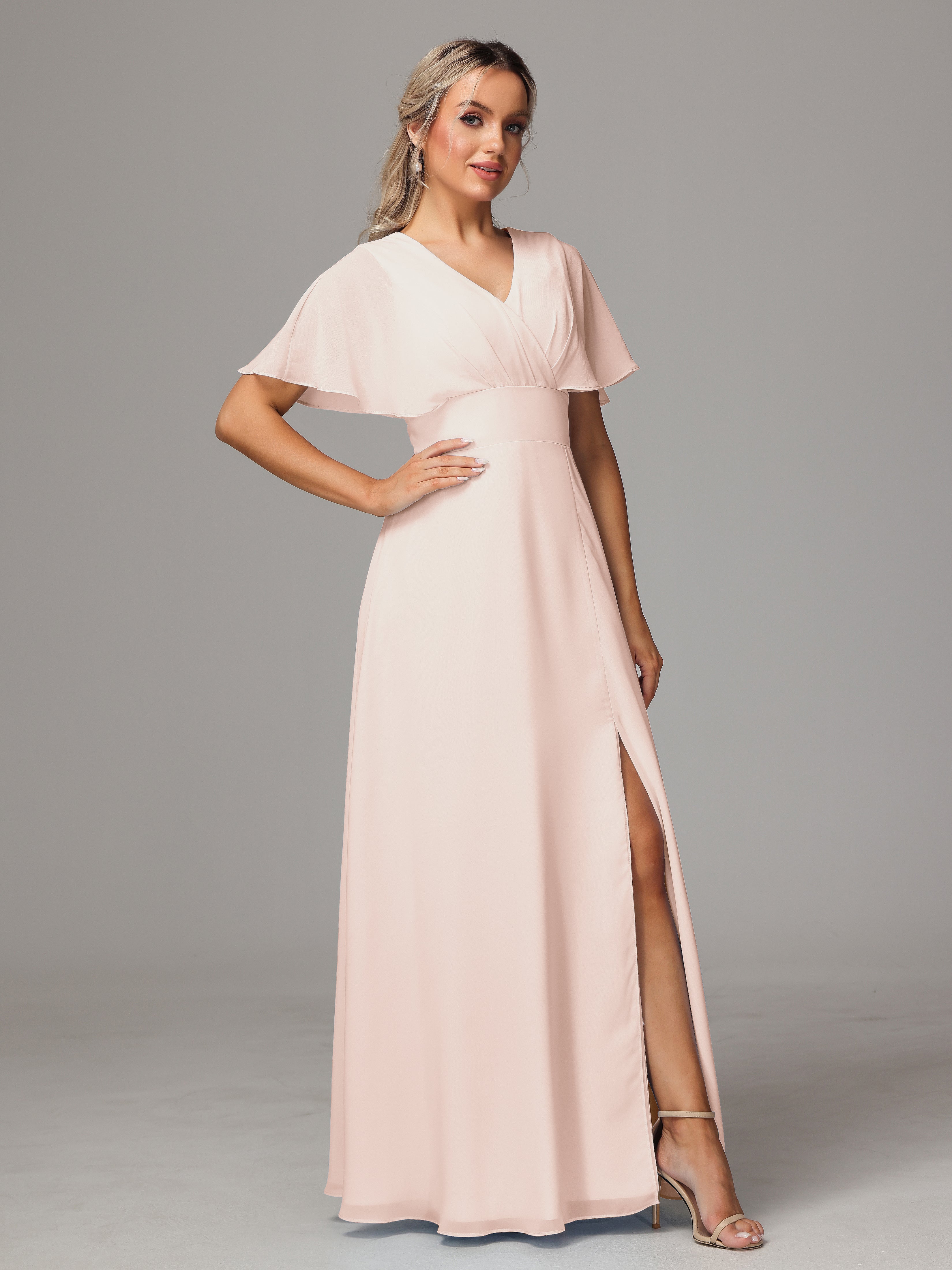 Short Sleeves V Neck Chiffon Bridesmaid Dress With Slit