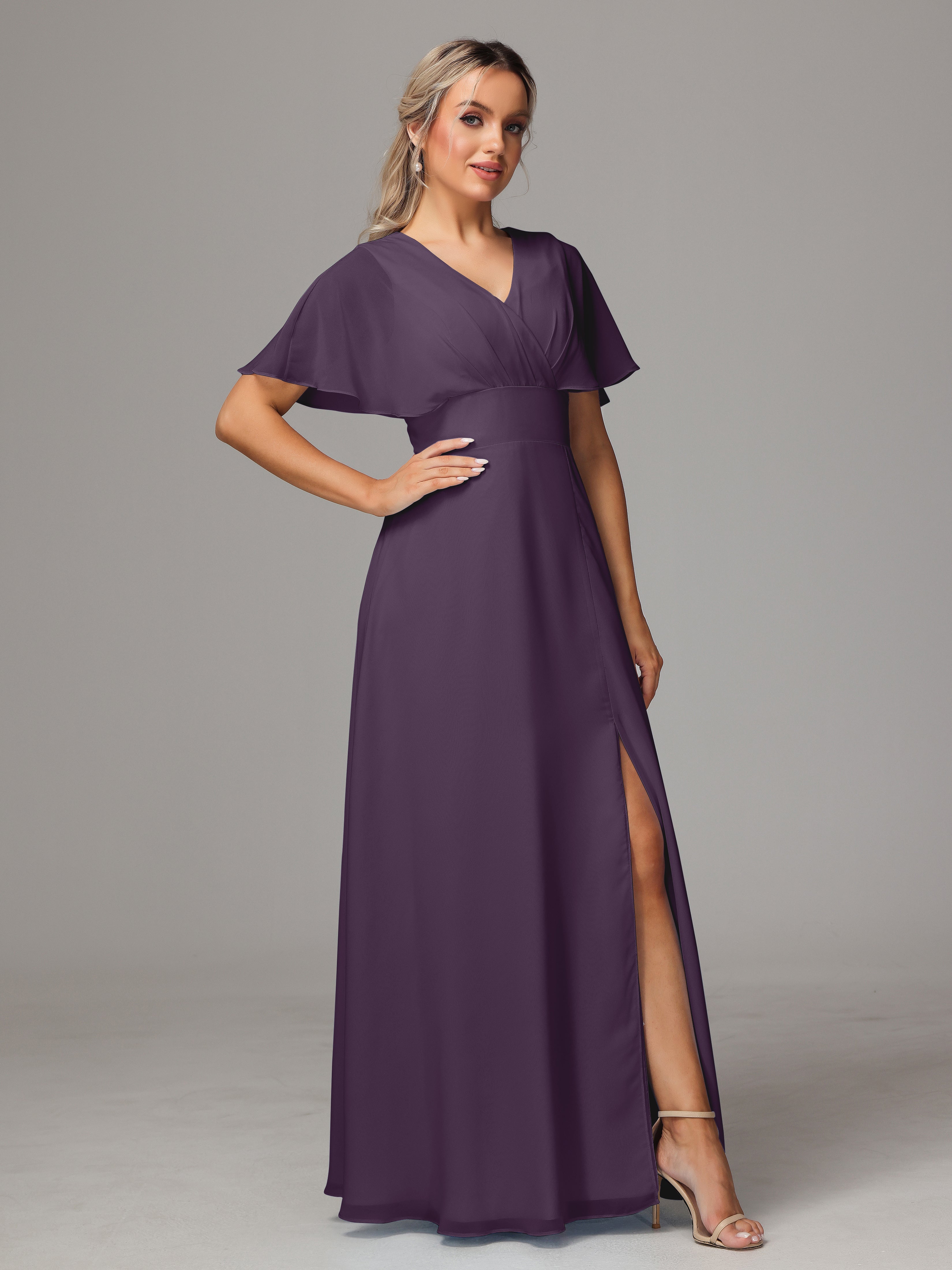 Short Sleeves V Neck Chiffon Bridesmaid Dress With Slit