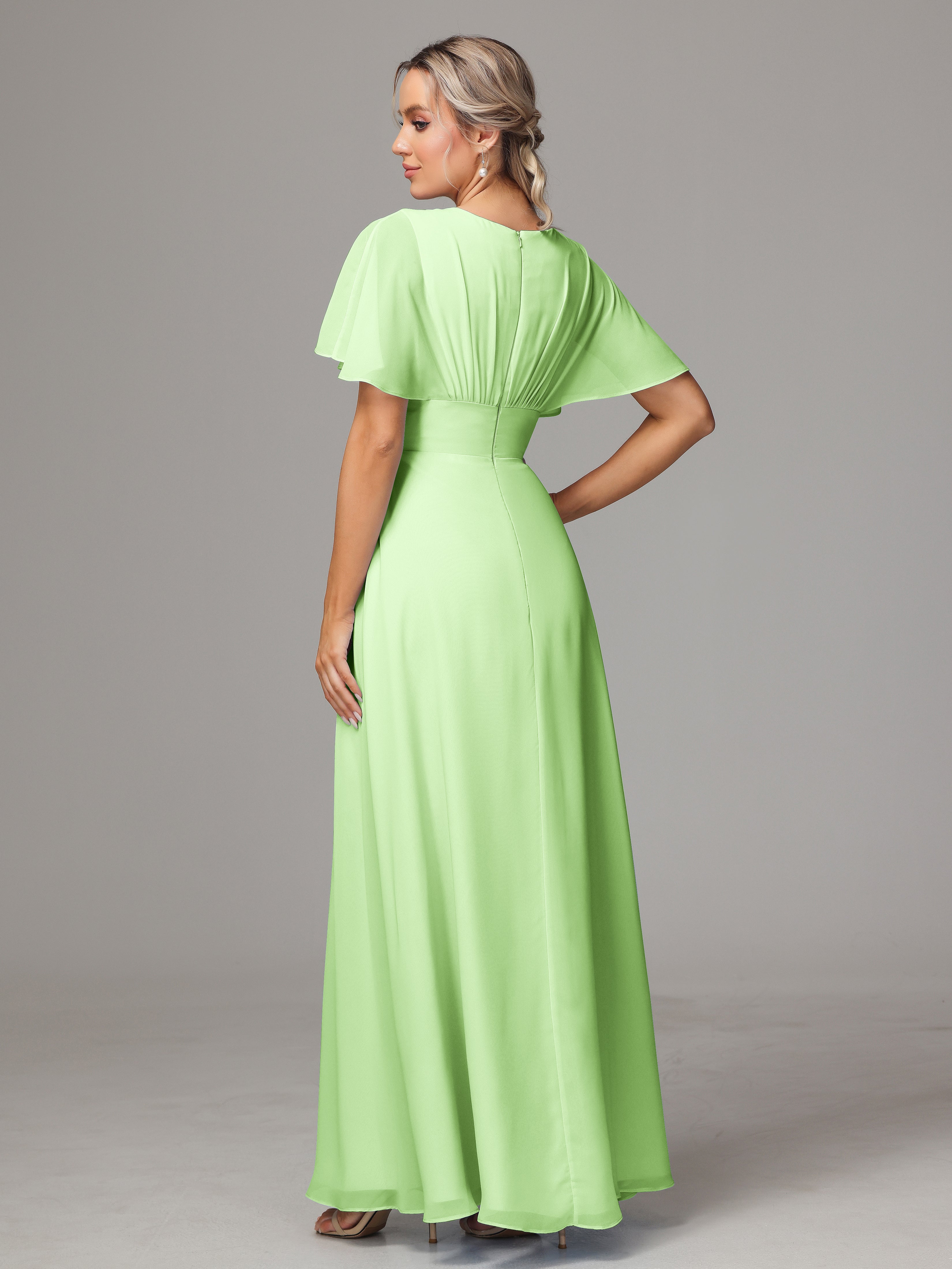 Short Sleeves V Neck Chiffon Bridesmaid Dress With Slit