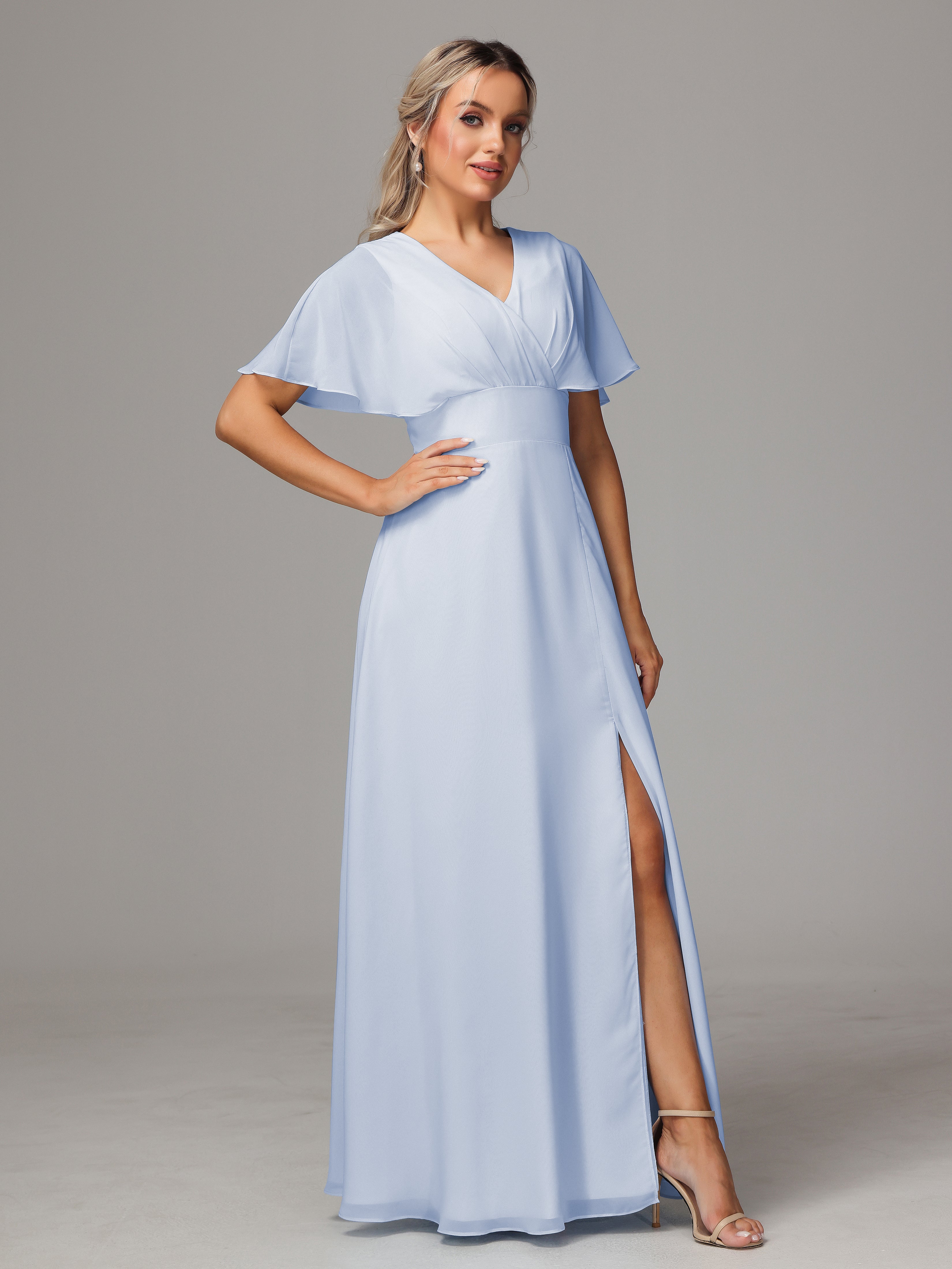 Short Sleeves V Neck Chiffon Bridesmaid Dress With Slit