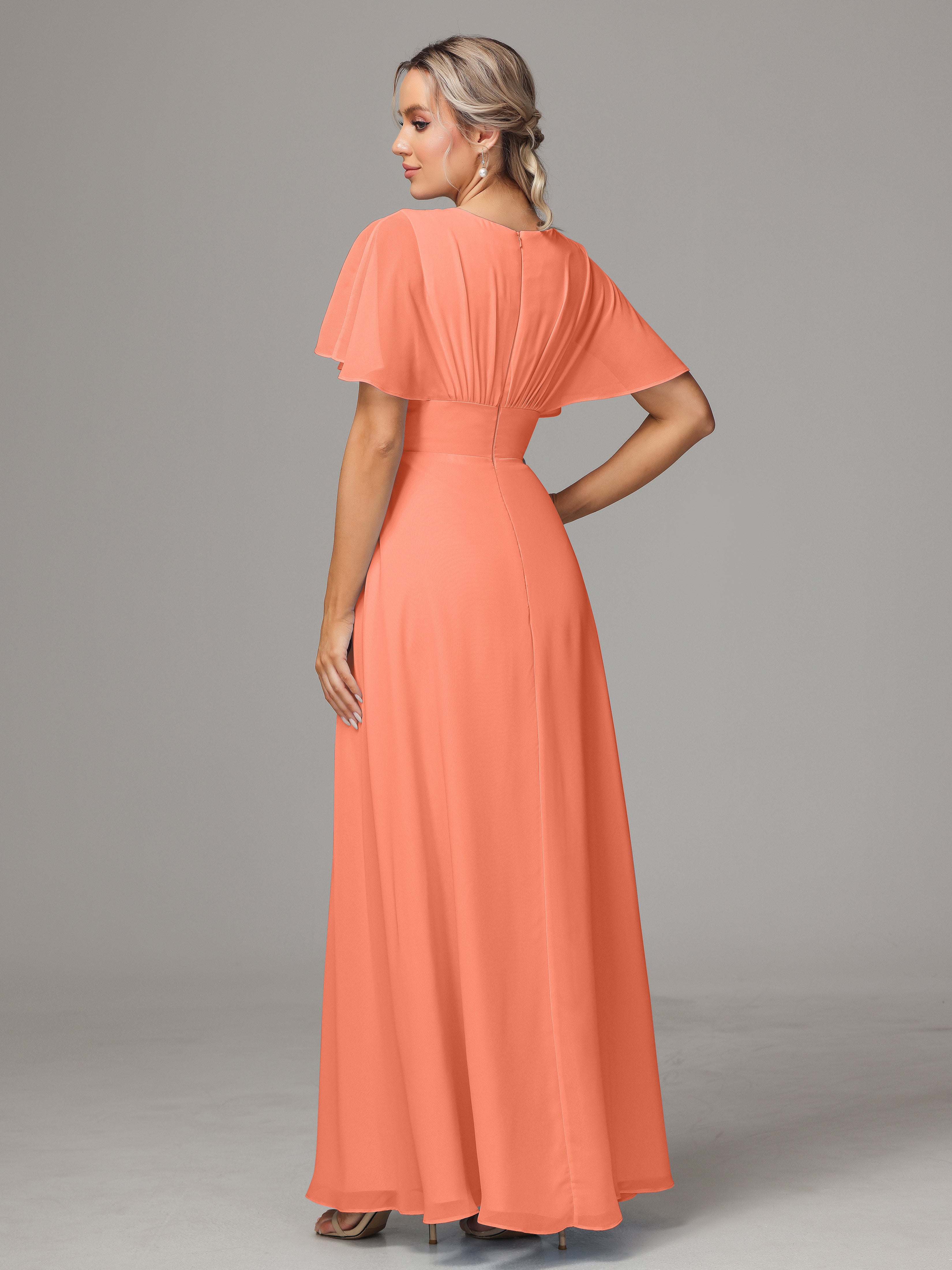 Short Sleeves V Neck Chiffon Bridesmaid Dress With Slit