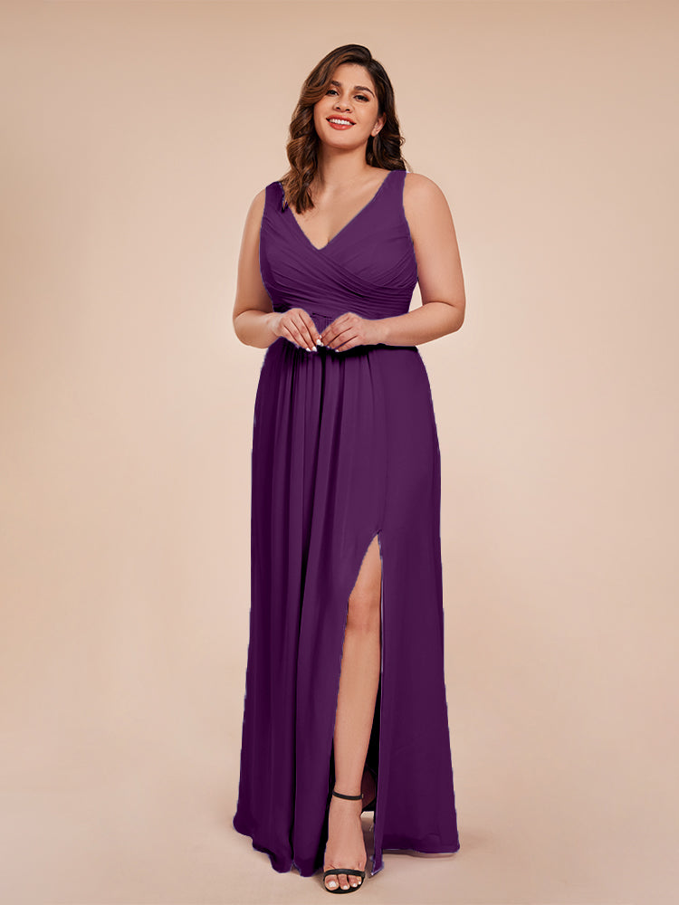 Jurnee Floor Length V-neck Ruched Chiffon Plus Size Bridesmaid Dress