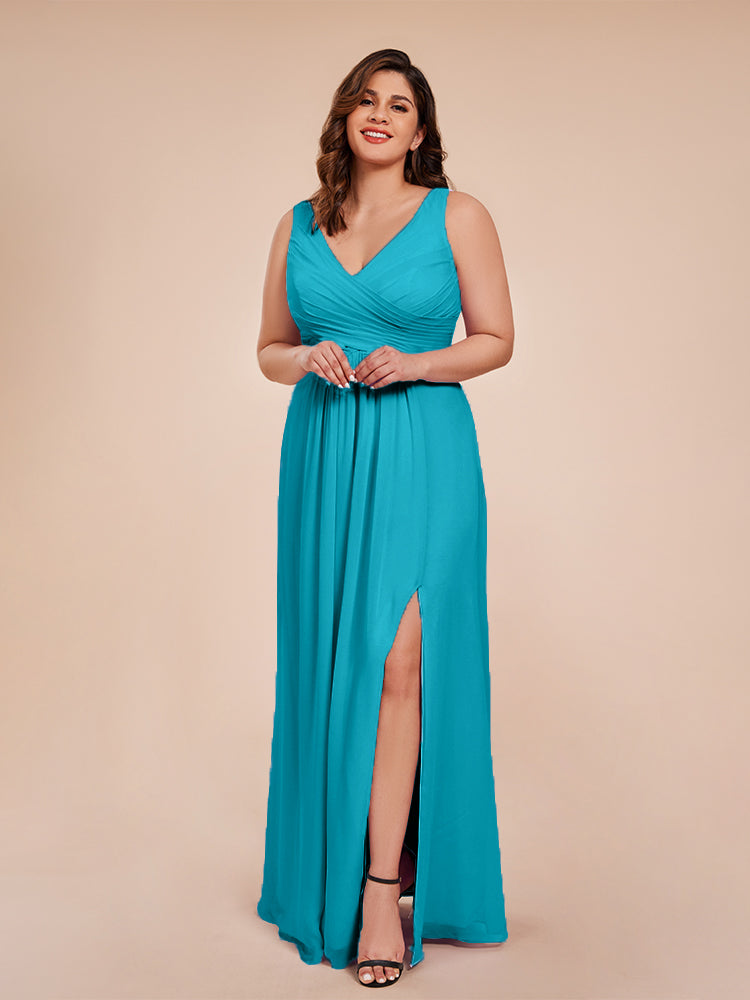 Jurnee Floor Length V-neck Ruched Chiffon Plus Size Bridesmaid Dress