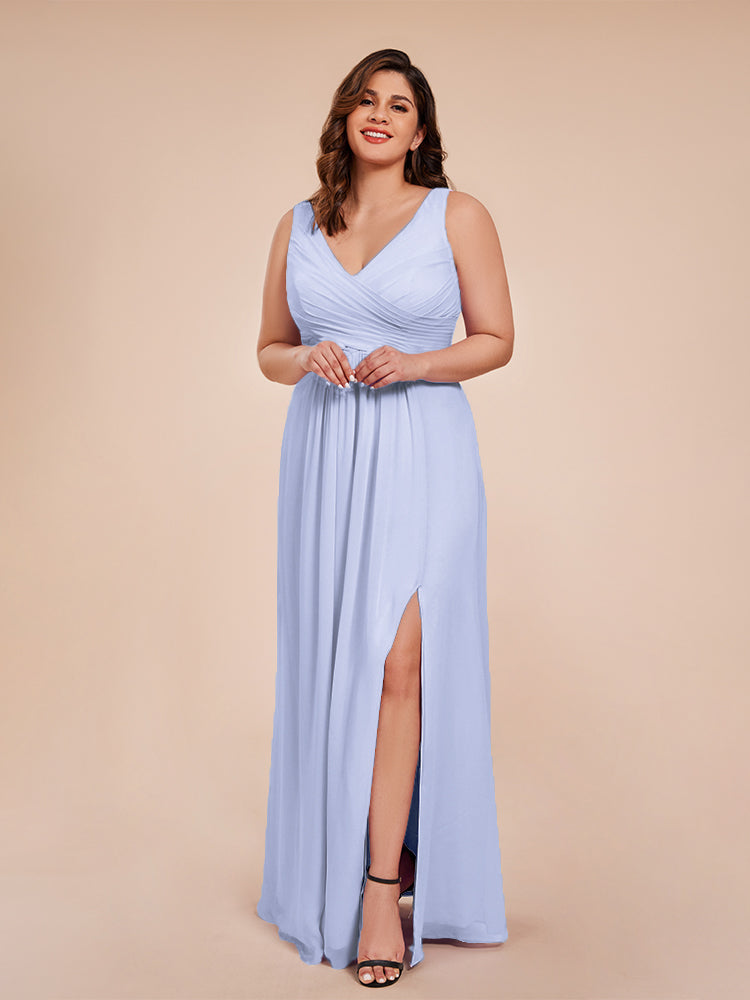 Jurnee Floor Length V-neck Ruched Chiffon Plus Size Bridesmaid Dress