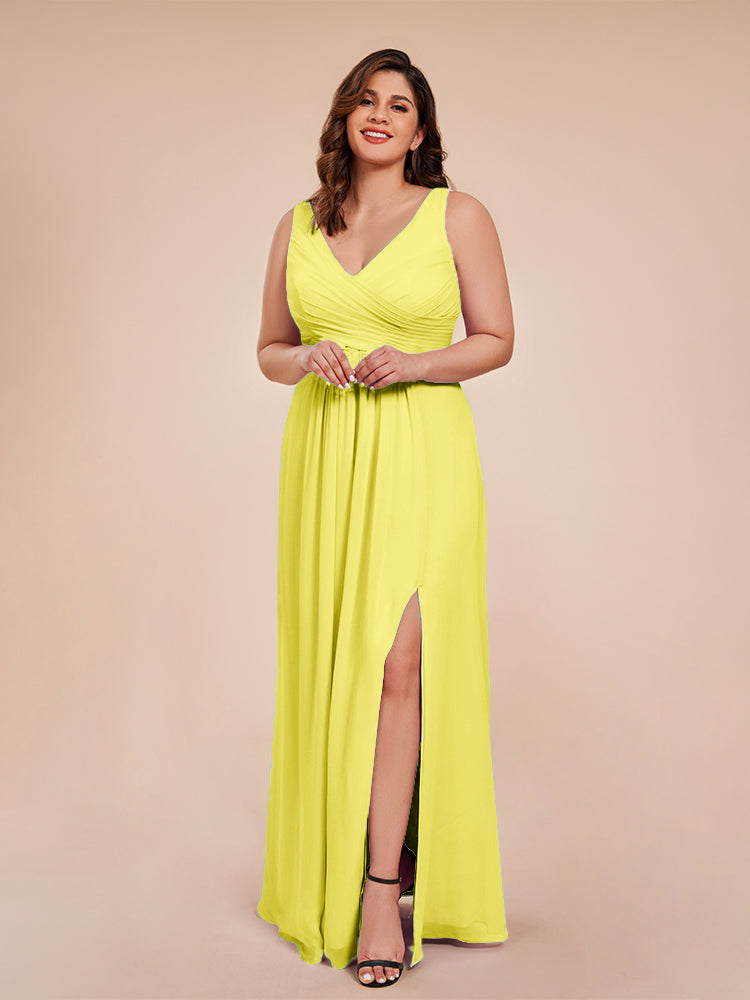 Jurnee Floor Length V-neck Ruched Chiffon Plus Size Bridesmaid Dress